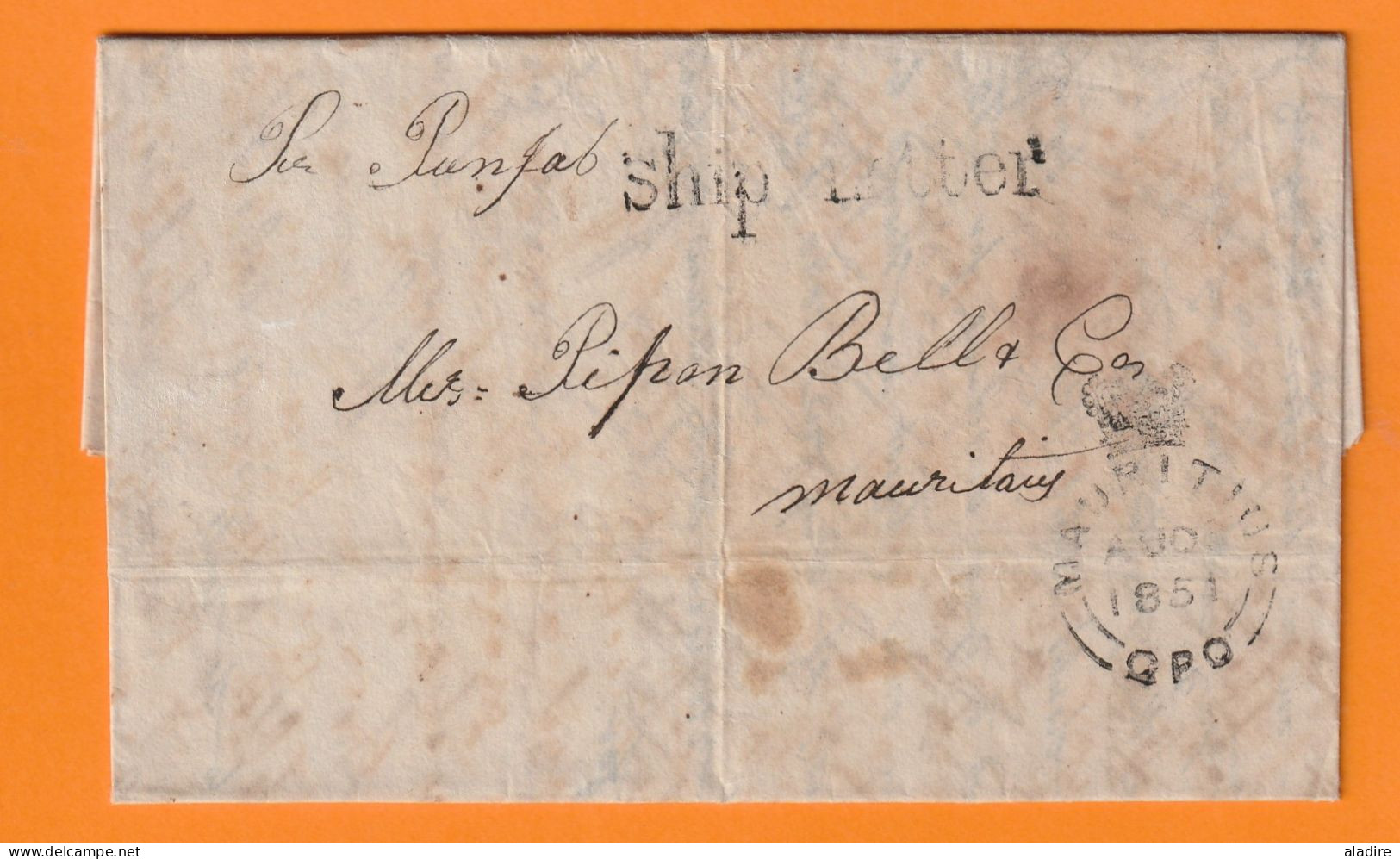 1851 - Folded SHIP LETTER From CALCUTTA (Kolkata), Inde To Port Louis, Mauritius, île Maurice - Per Punjab - ...-1852 Prefilatelia