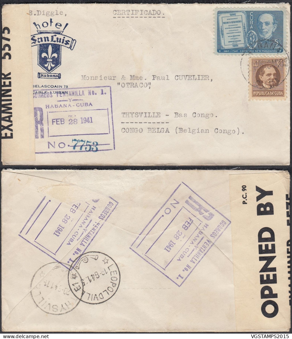 Cuba 1941 - Lettre Recommandée De L'Havanne-Cuba Vers Thysville- Bas Congo Belge. Censurée  (EB) DC-12289 - Gebruikt