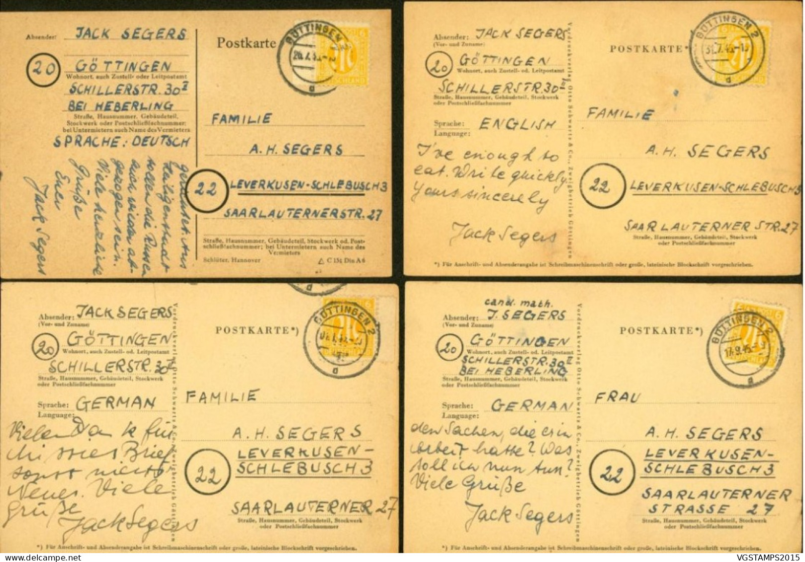 Allemagne 1945 - (Bizone) - Lot De 8 Cartes Postales De Prisonniers En Français, Anglais, Allemand ....(EB) DC-12290 - Correos De Prisioneros De Guerra