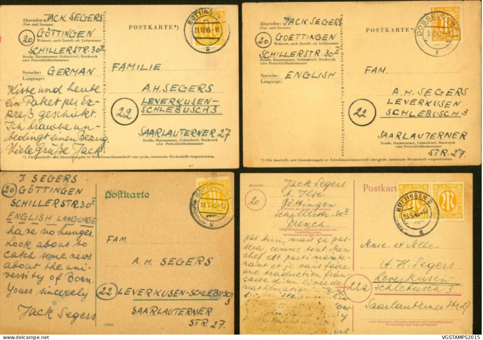 Allemagne 1945 - (Bizone) - Lot De 8 Cartes Postales De Prisonniers En Français, Anglais, Allemand ....(EB) DC-12290 - Courriers De Prisonniers