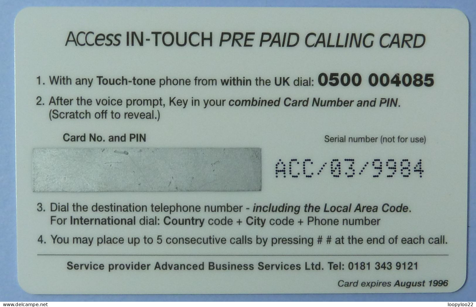 UK - Great Britain - Prepaid - ACCess IN-Touch - £2 - Prepaid Calling Card - Exp 1996 - Otros & Sin Clasificación