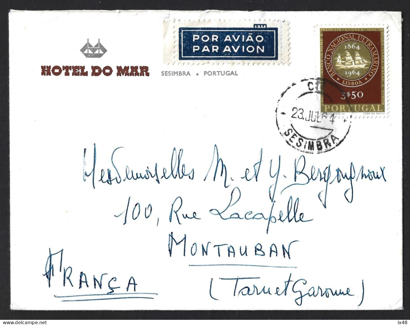 Carta Com Stamp 100 Anos BNU Banco Nacional Ultramarino 1964. Sesimbra. Hotel Do Mar. 100 Years BNU Banco Nacional Ultra - Brieven En Documenten