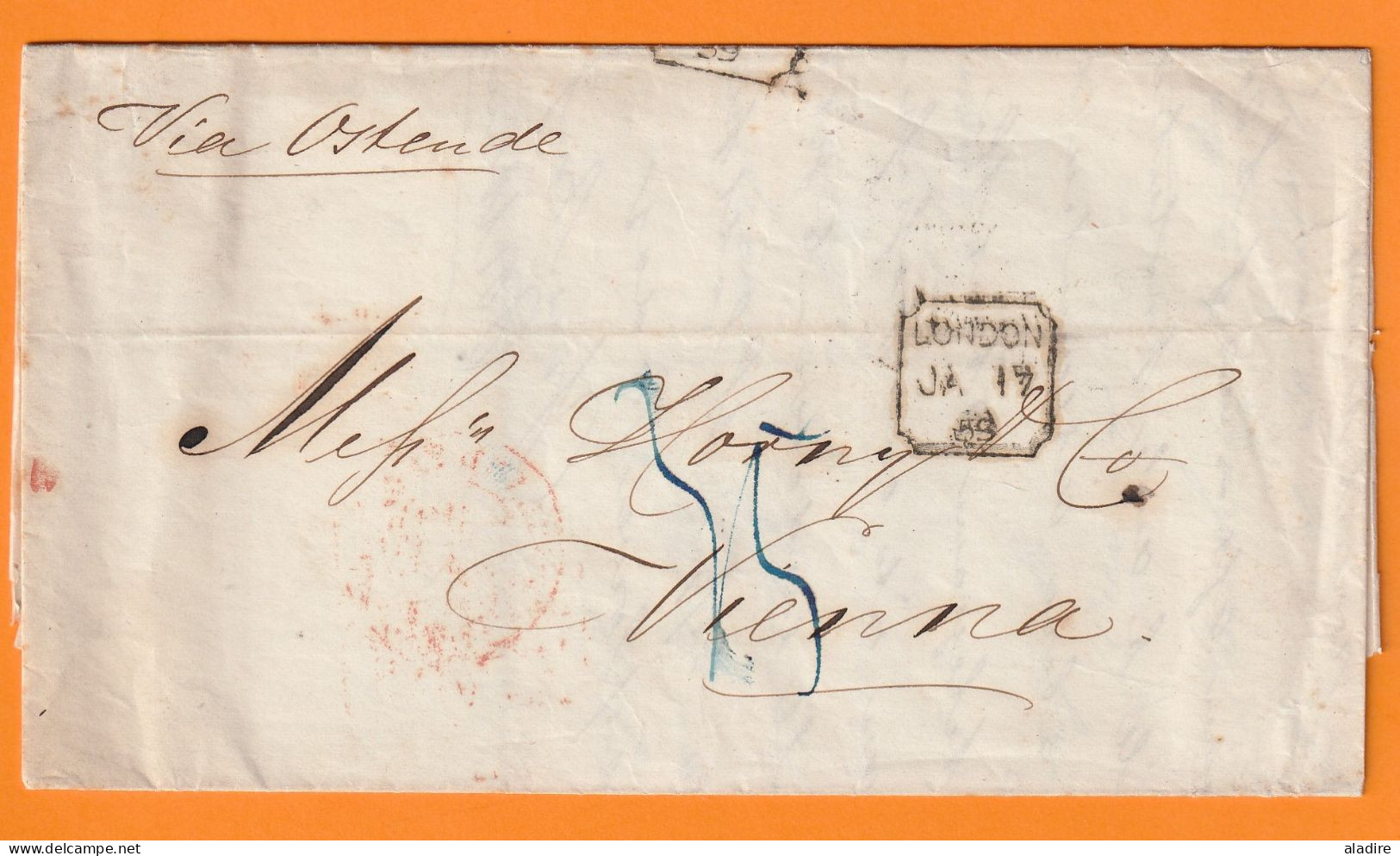 1859 - Folded Letter From LONDON To WIEN,VIENNA - Via OOSTENDE, Ostende And AACHEN, Aix La Chapelle - Postmark Collection
