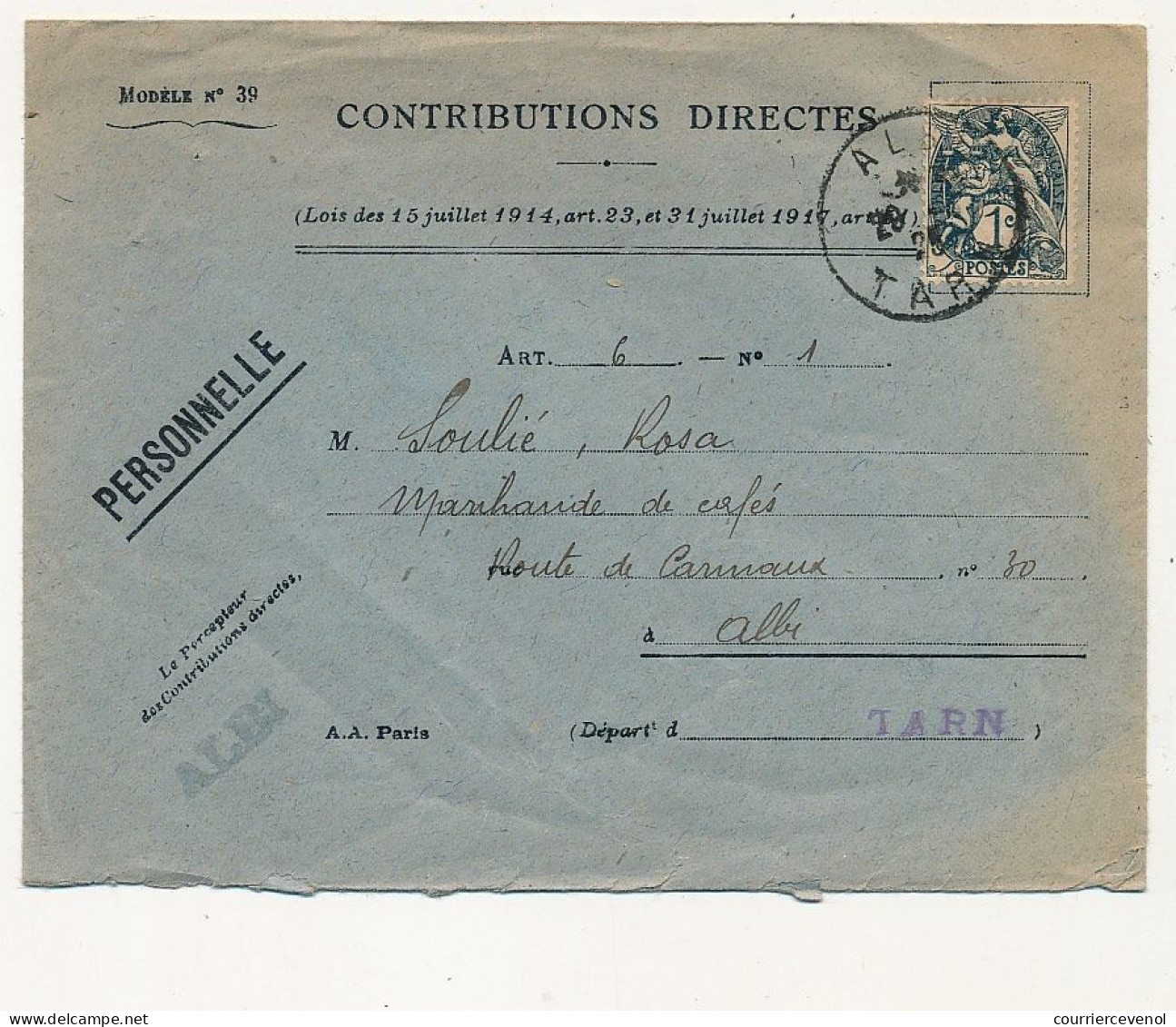 FRANCE => Enveloppe Contributions Affr. 1c Blanc - ALBI (Tarn) - 1925 - 1900-29 Blanc