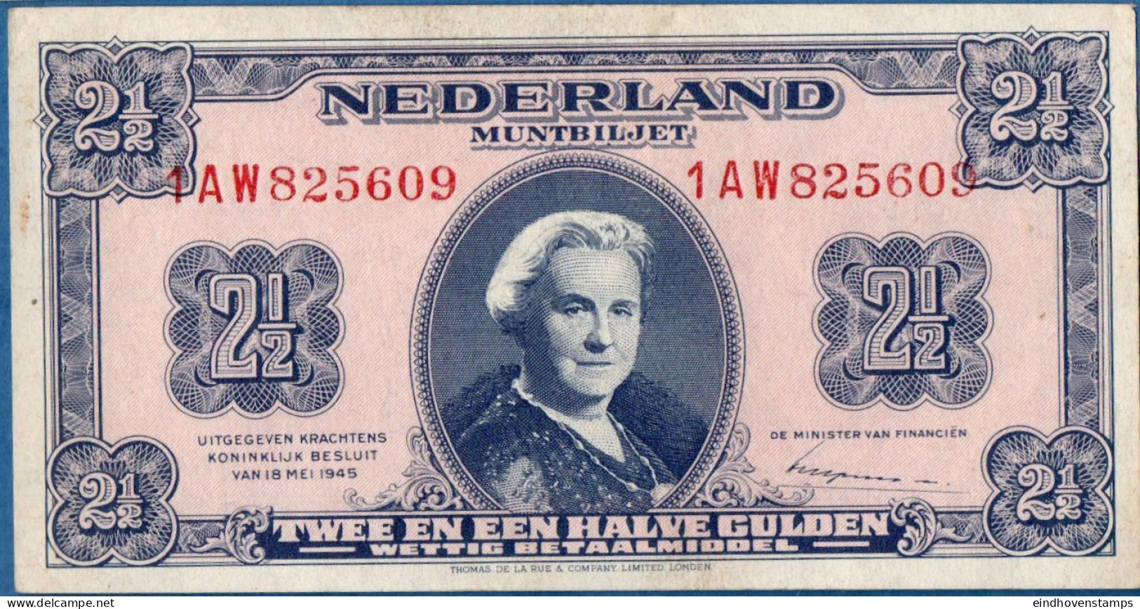 Nederland, Netherlands Type 1945 Fl 2.50 Wilhelmina, Number, Letters, Numbers Series UNC - 2 1/2 Gulden