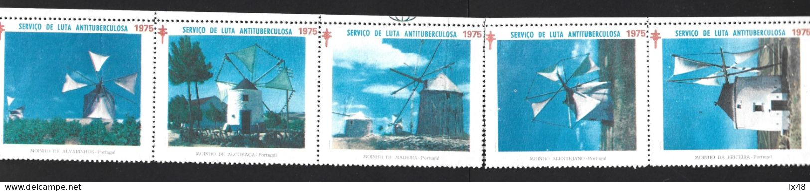 Anti-tuberculosis Fight. Strip 5 Vignettes Of Windmills From Portugal. Alcobaça Mill, From Island Of Madeira, Ericeira - Ortsausgaben