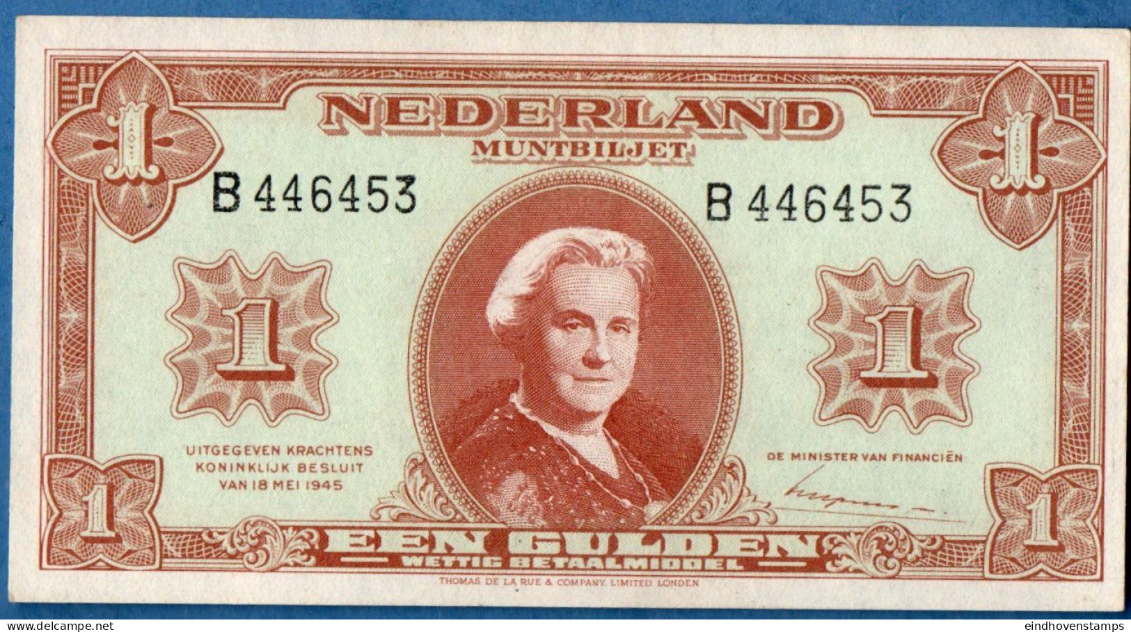 Nederland, Netherlands Type 1945  Fl 1.00 Wilhelmina, Series B Nearly UNC - 1 Gulde