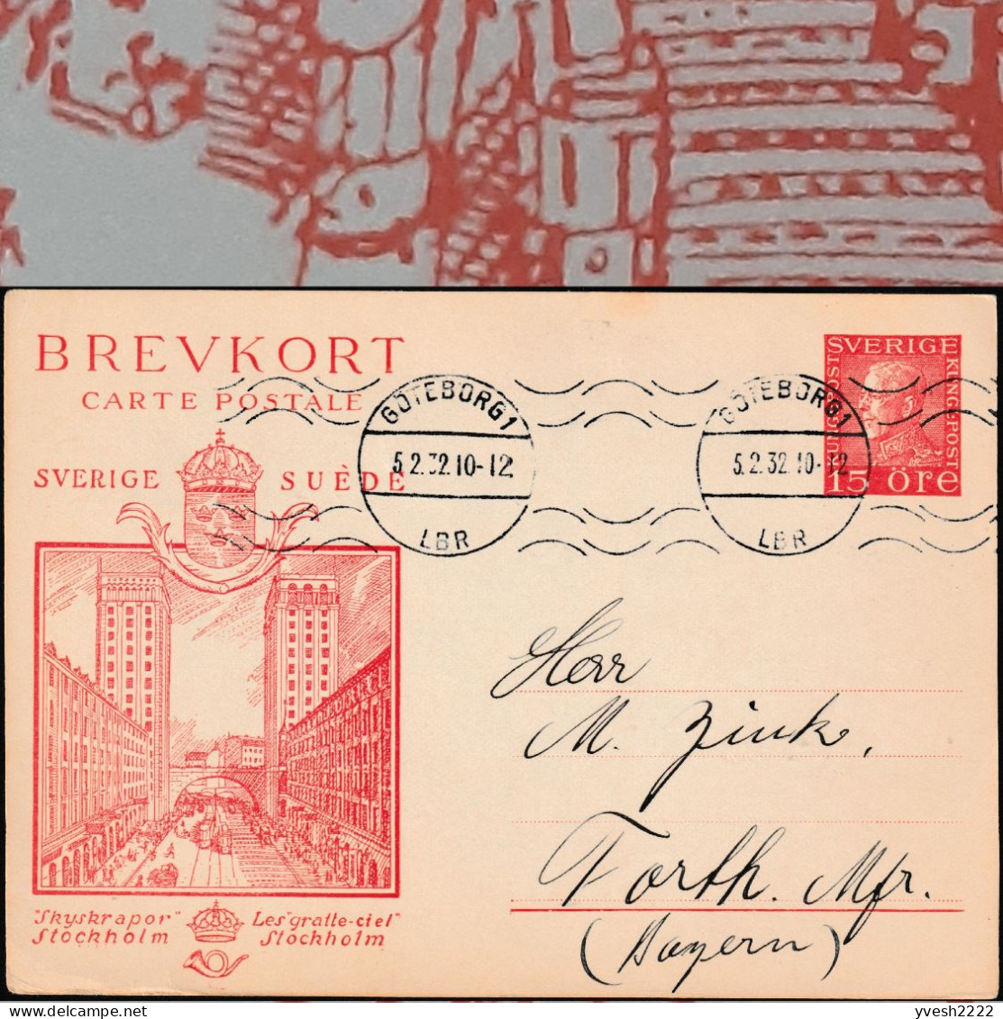 Suède 1929. Entier Postal Officiel Pour L'étranger. Stockholm, Tramways Entre Les Tours Du Roi, Gratte-ciel - Tranvie