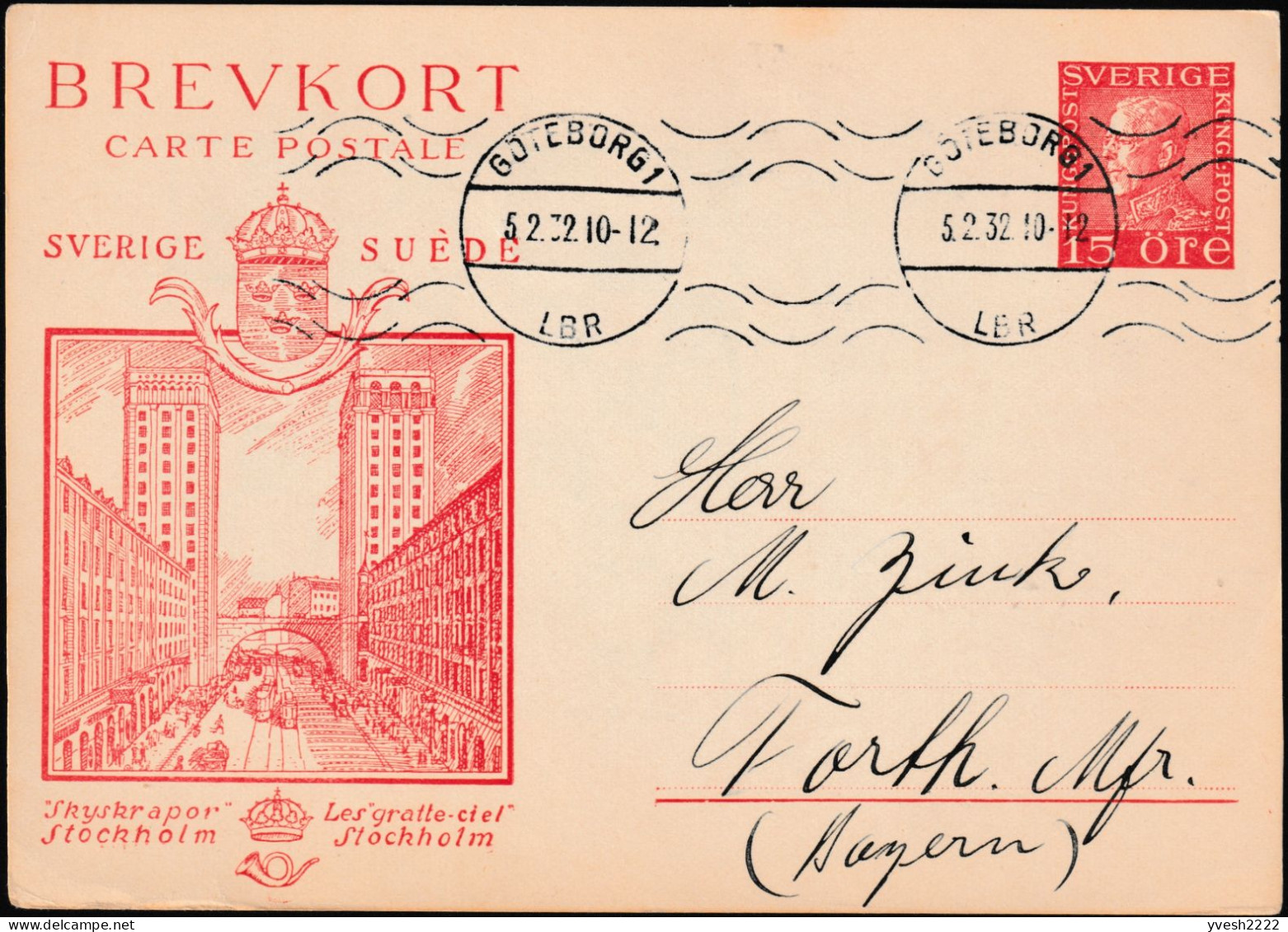 Suède 1929. Entier Postal Officiel Pour L'étranger. Stockholm, Tramways Entre Les Tours Du Roi, Gratte-ciel - Tranvie