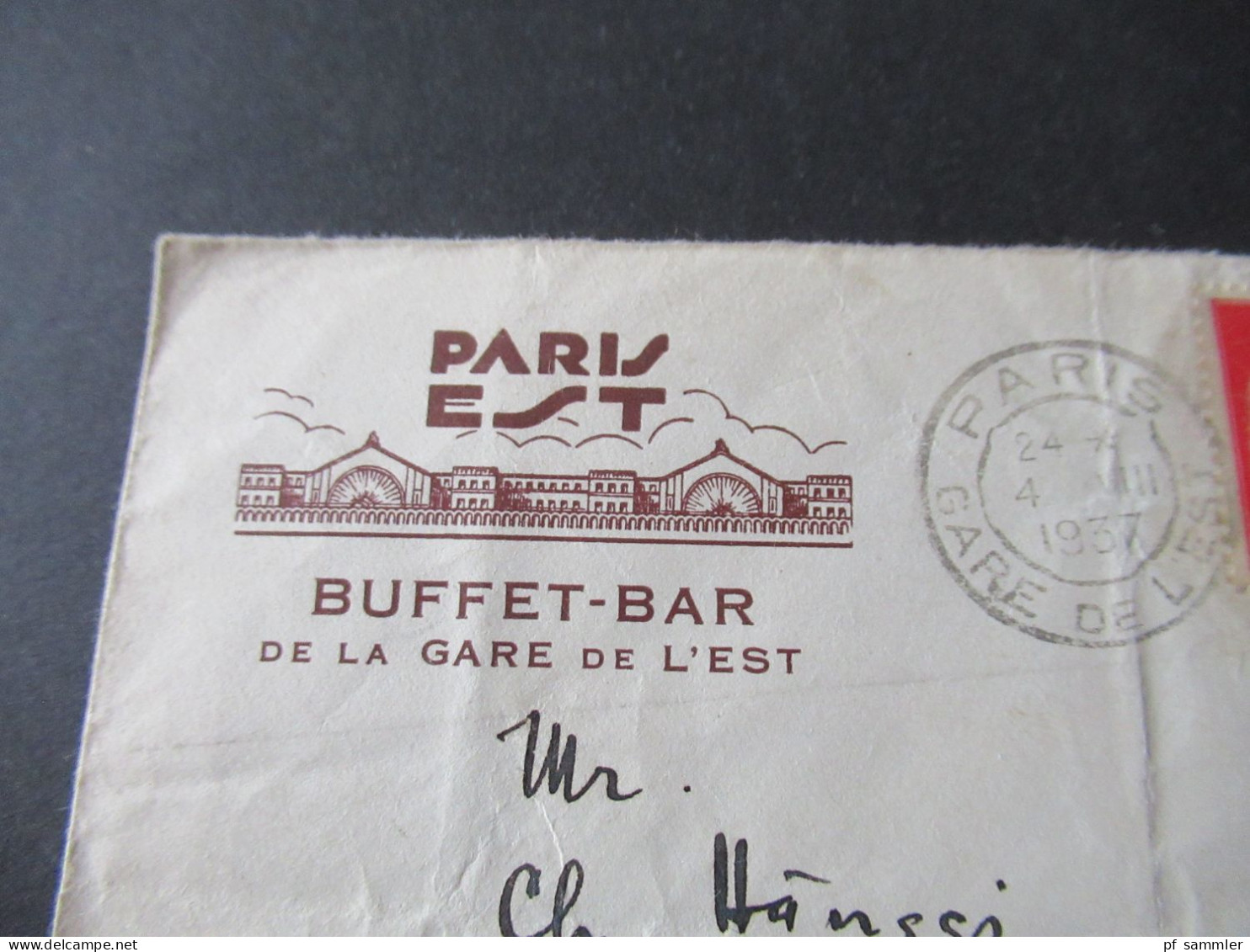 Frankreich 1937 Stempel Paris Gare De L'Est Umschlag Paris EST Buffet Bar De La Gare De LÉst Nach Basel Schweiz - 1932-39 Paix