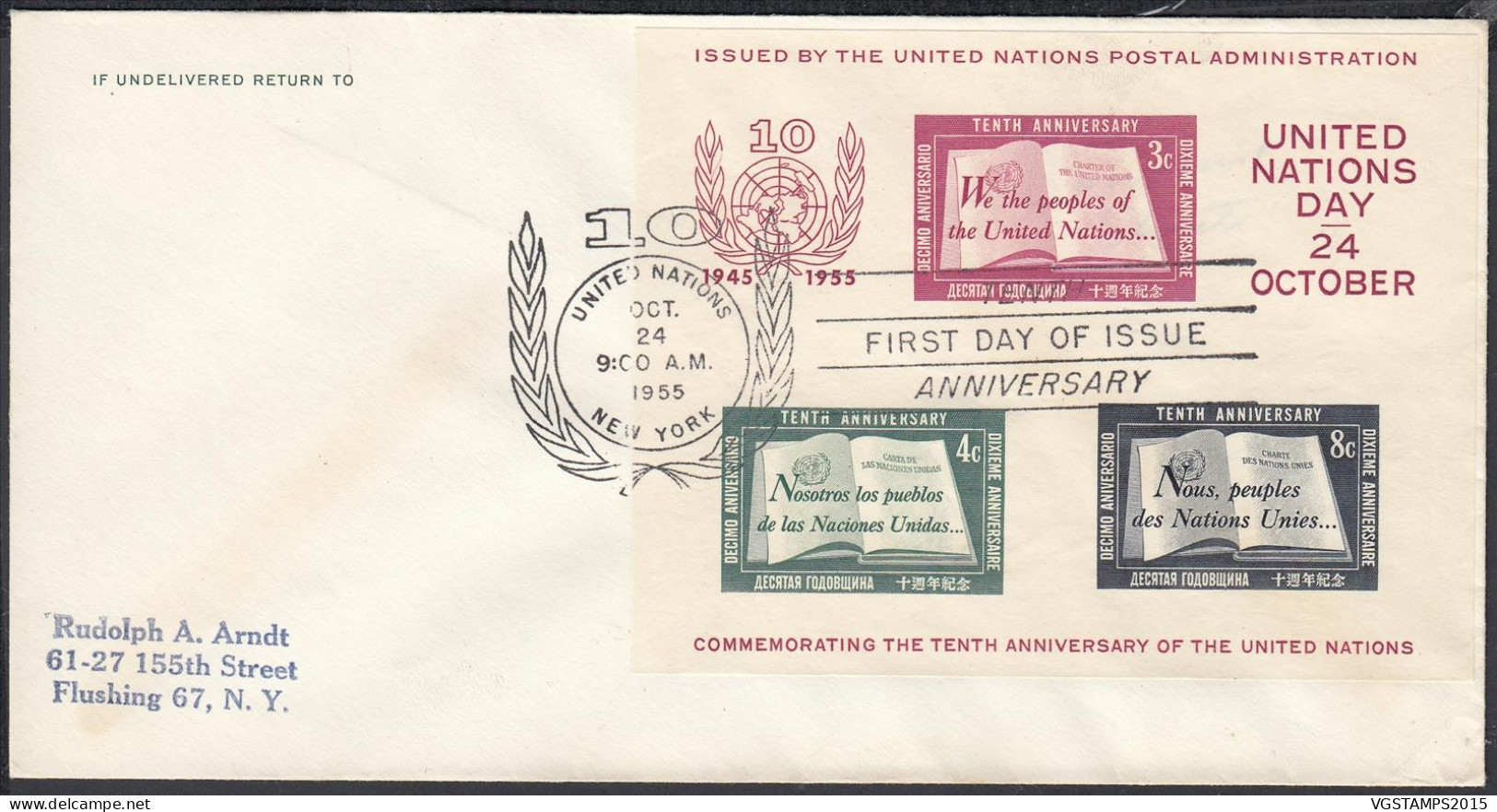 Nations Unies 1955 - (New York)- FDC Avec Bloc Nr. 1 (  Premier Jour D' émission - Annivesaire)..... (EB) AR-01368 - Usados