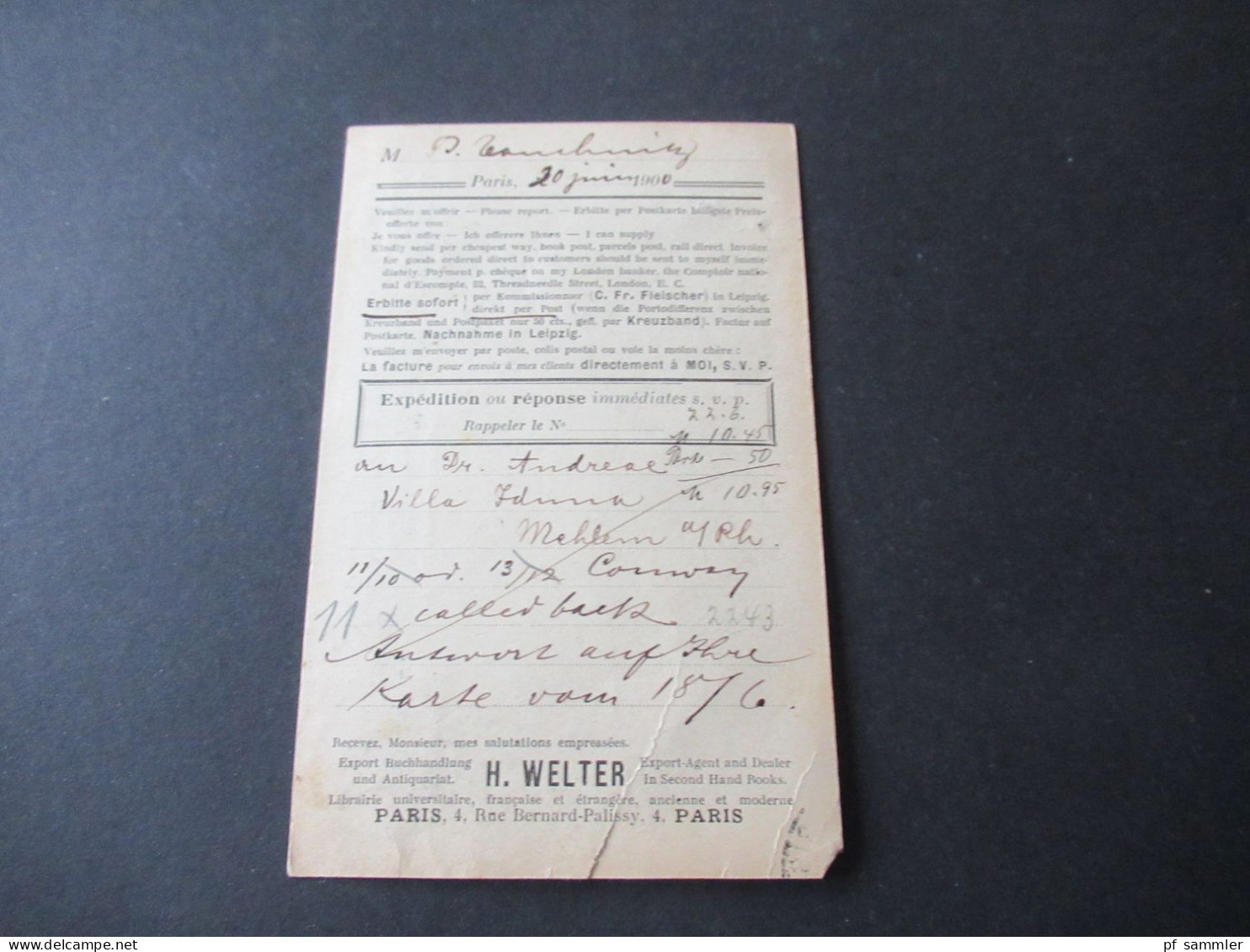 Frankreich 1900 Sage Paris - Leipzig Bücherzettel / Bulletin De Commande De Librairie H. Welter Librairie Universitaire - 1898-1900 Sage (Tipo III)