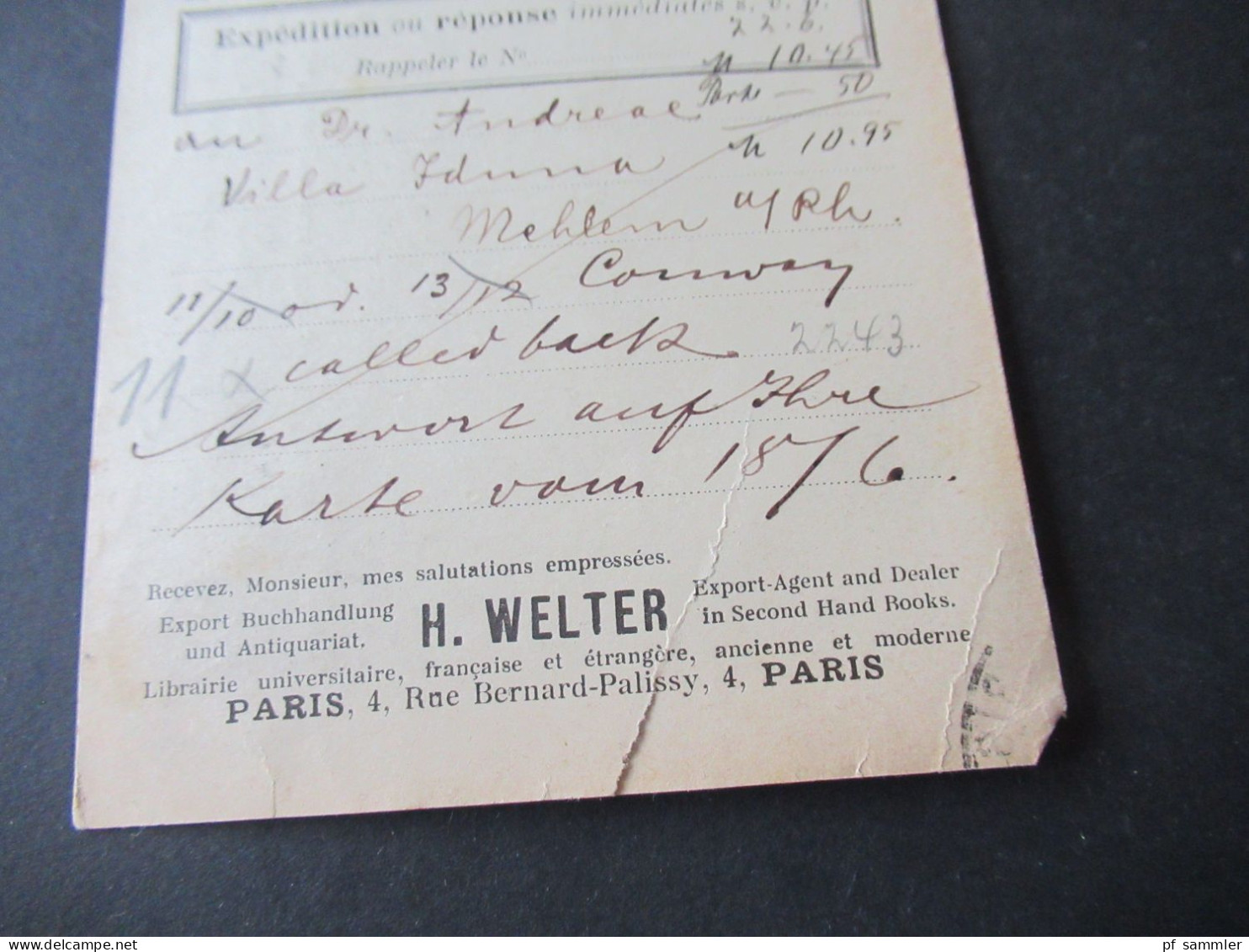 Frankreich 1900 Sage Paris - Leipzig Bücherzettel / Bulletin De Commande De Librairie H. Welter Librairie Universitaire - 1898-1900 Sage (Type III)