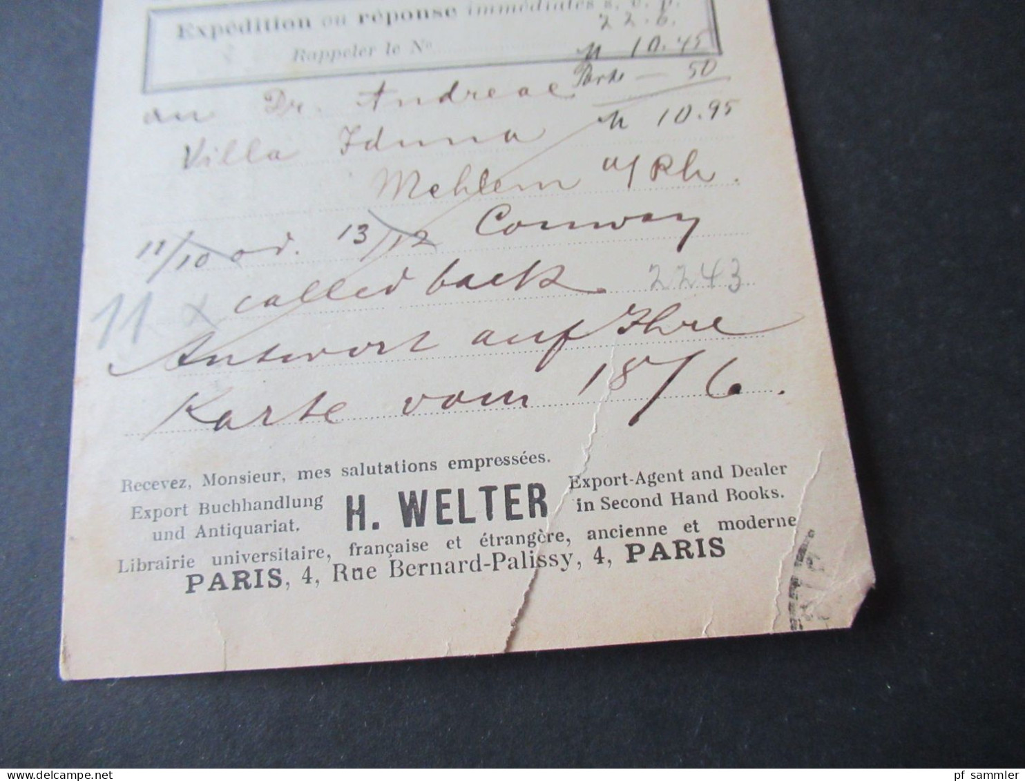 Frankreich 1900 Sage Paris - Leipzig Bücherzettel / Bulletin De Commande De Librairie H. Welter Librairie Universitaire - 1898-1900 Sage (Tipo III)