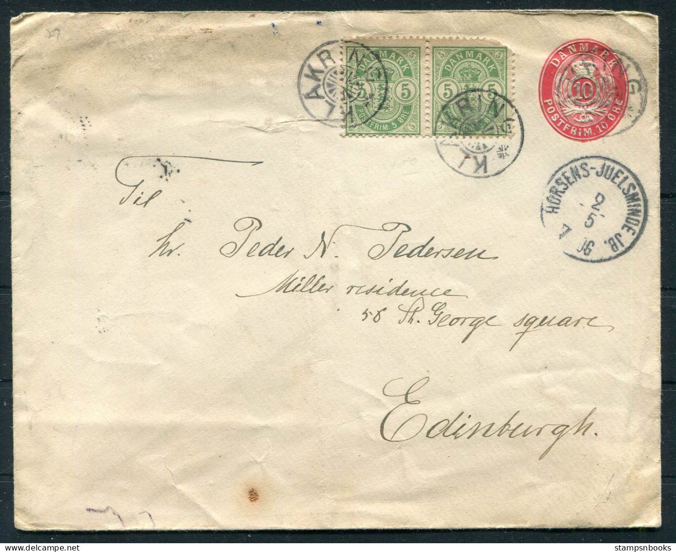 1905 Denmark Uprated Stationery Cover KLAKRING STJ Star, HORSENS - JUELSMINDE JB Railway Sidestempel - Edinburgh - Lettres & Documents