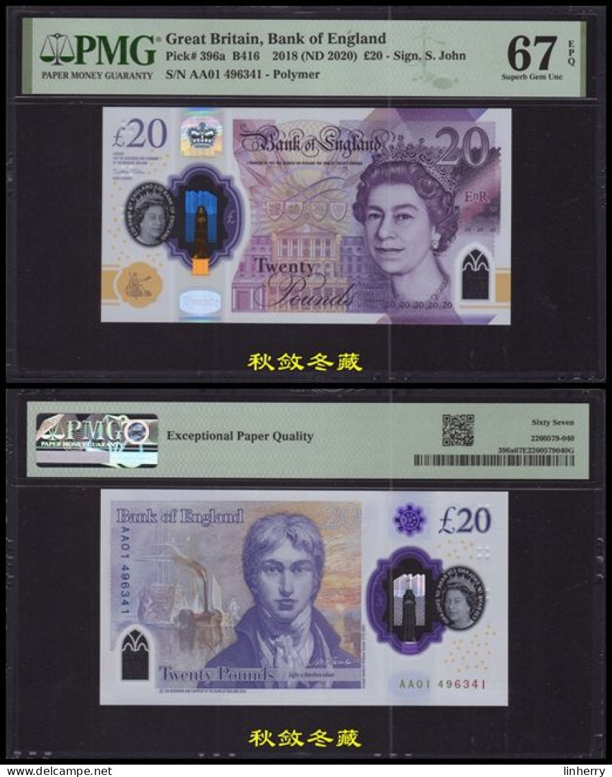 UK, England, Bank Of England £20, (2020), Polymer, AA01 Prefix, PMG67 - 20 Pounds