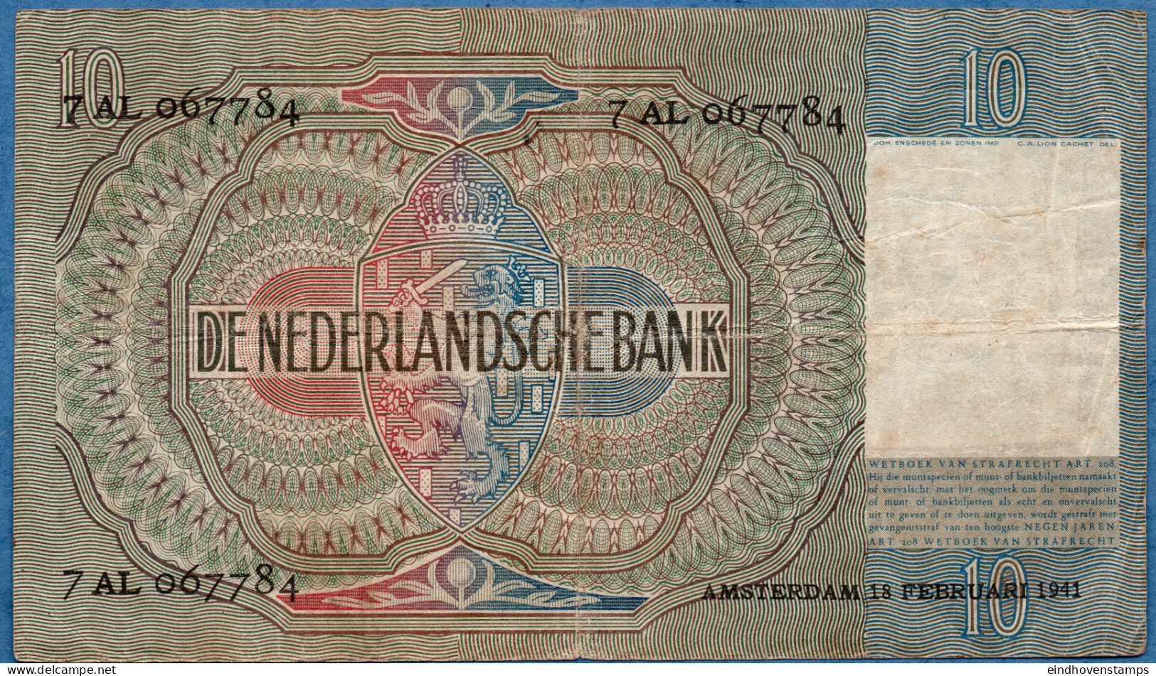 Nederland, Netherlands Type 1940 Fl 10, Shepherdess Signature Westerman-Holstein Used Folded - 10 Florín Holandés (gulden)