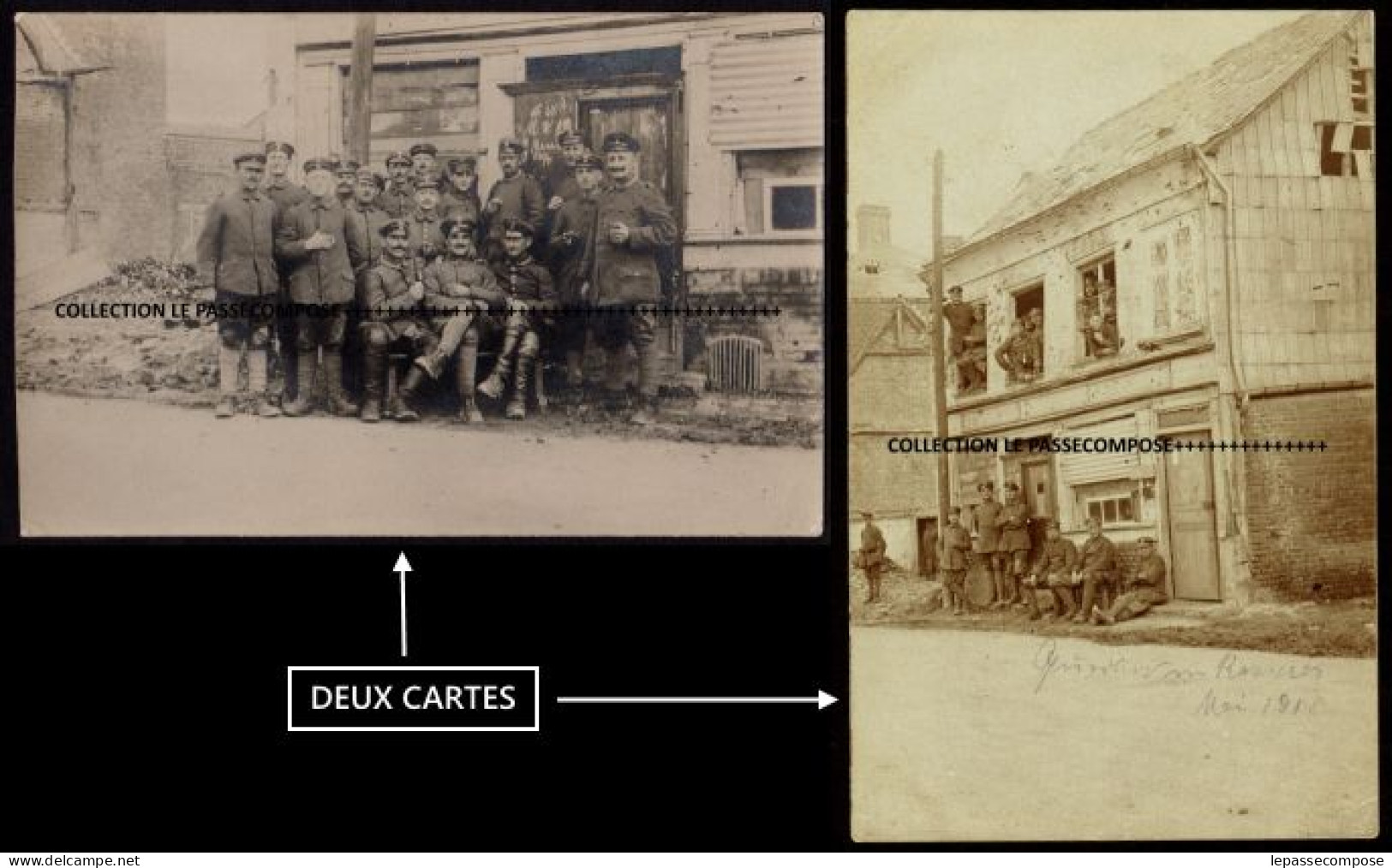 INEDIT - ROSIERES - LOT DE 2 CARTES - RUE DE CAIX - SOLDATS ALLEMANDS DEVANT UN COMMERCE TOUCHE PAR LES COMBATS - Rosieres En Santerre