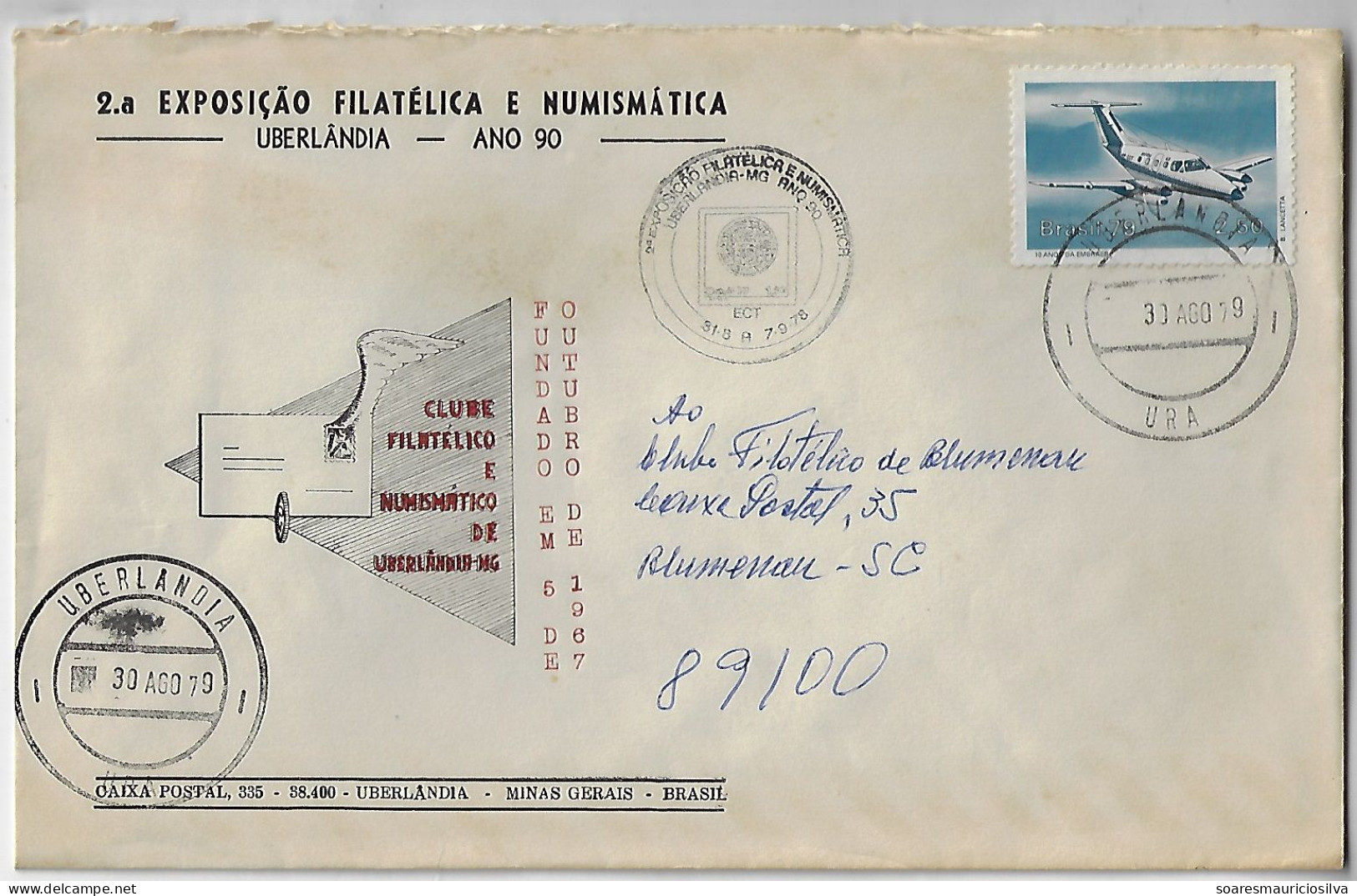 Brazil 1979 Cover Uberlandia Blumenau Stamp Airplane Embraer Xingu Commemorative Cancel Philatelic Numismatic Exhibition - Cartas & Documentos