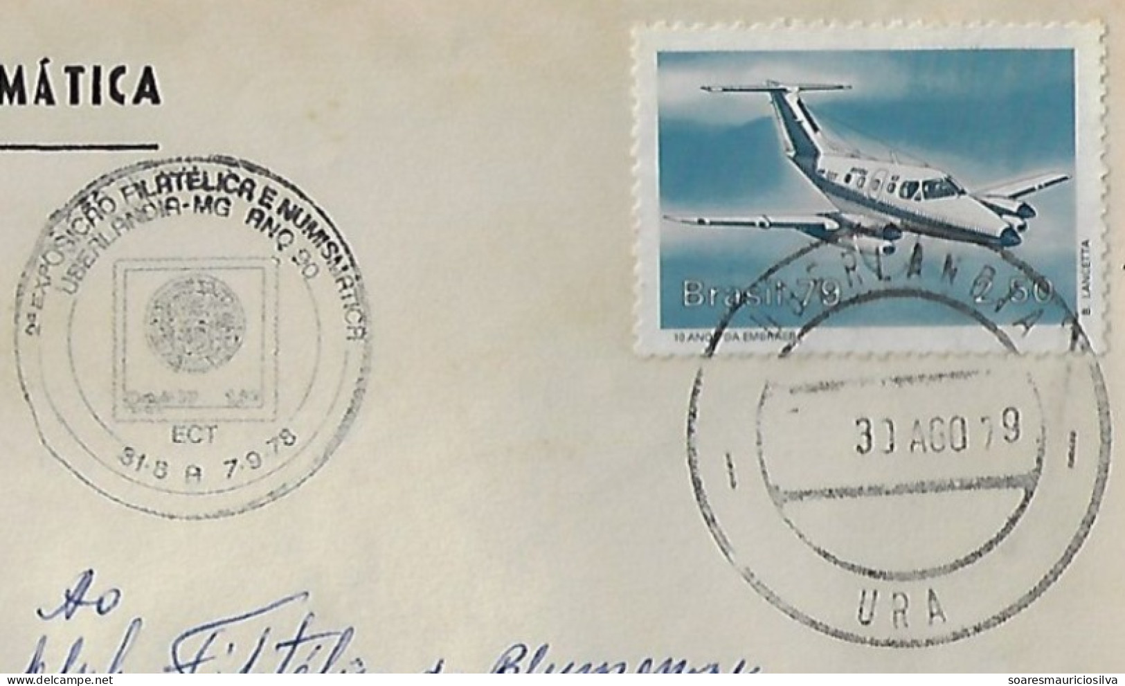 Brazil 1979 Cover Uberlandia Blumenau Stamp Airplane Embraer Xingu Commemorative Cancel Philatelic Numismatic Exhibition - Briefe U. Dokumente