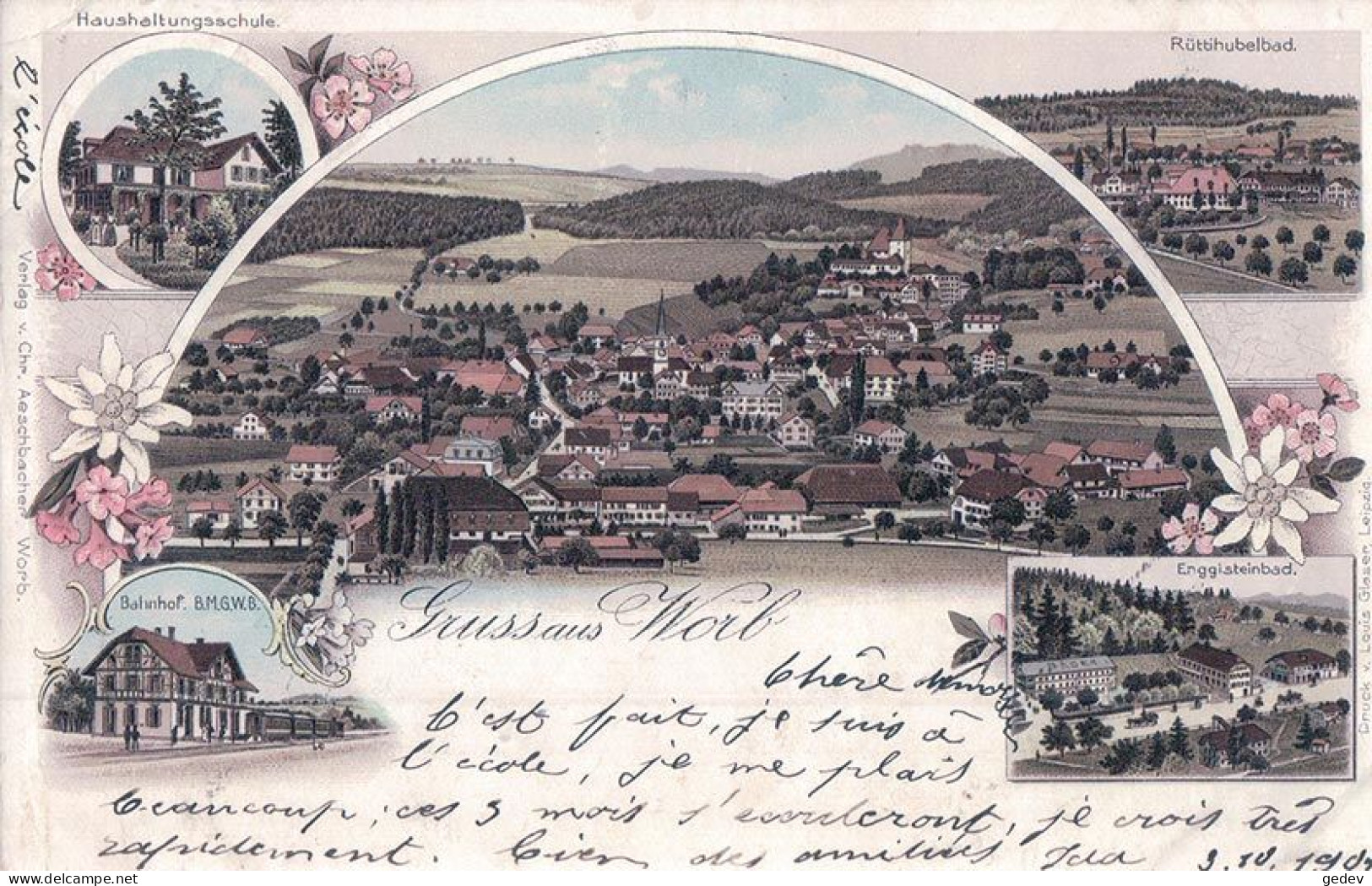 Gruss Aus Worb BE, Litho 5 Vues Et Edelweiss, Gare, Ecole Et Autres (4.10.1901) - Worb