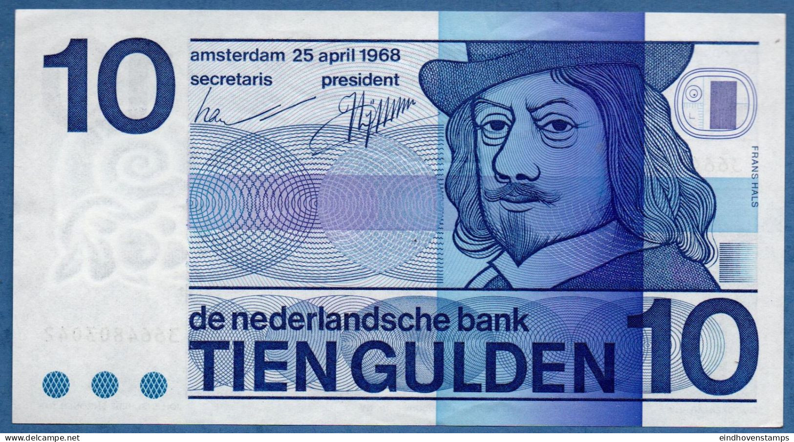 Nederland, Netherlands Type 1968 Fl 10,- Frans Hals Flax-containing Paper, Uniform Cropping Marks Series 3664 Unc 83d1 - 10 Florín Holandés (gulden)