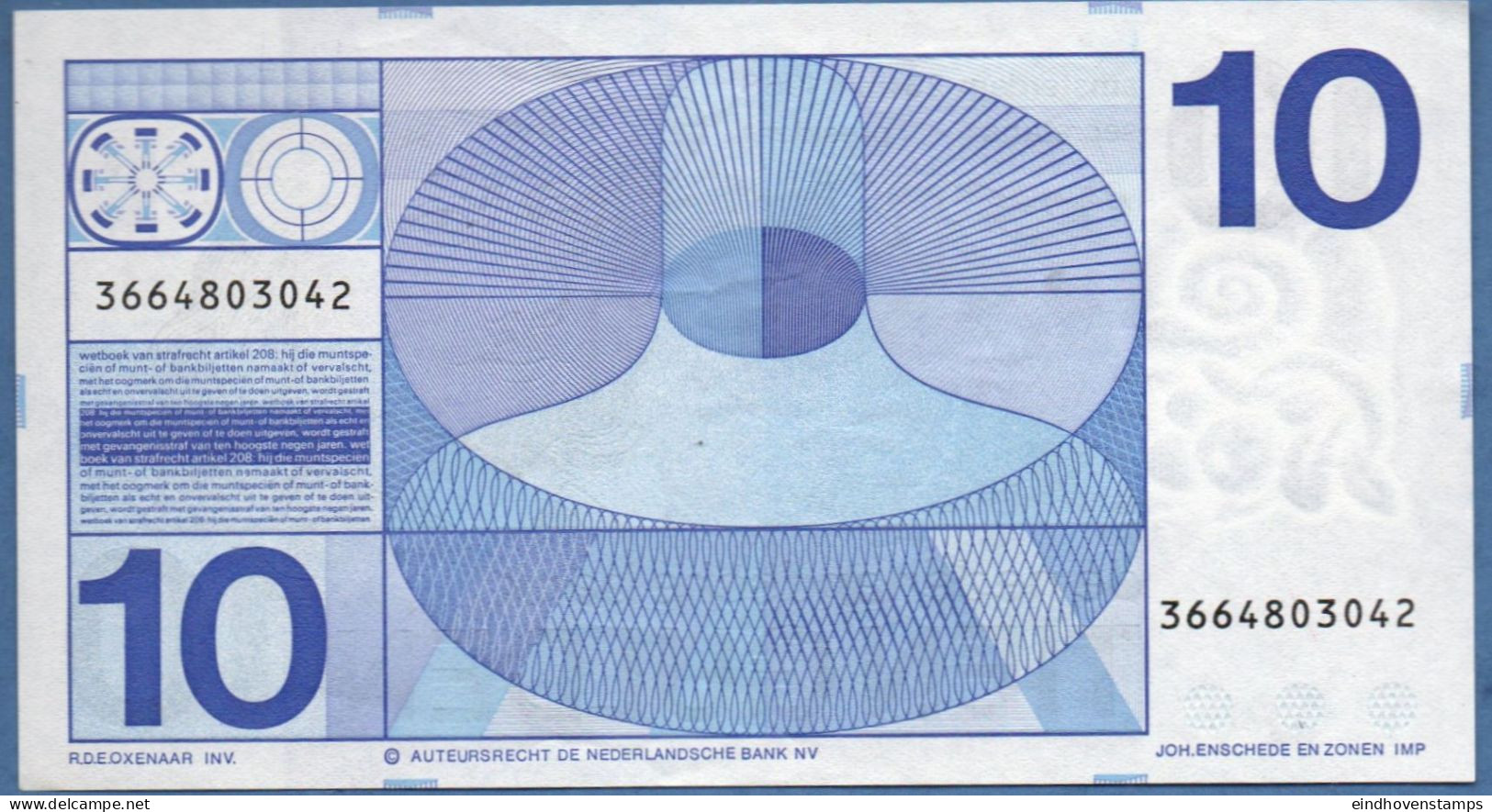 Nederland, Netherlands Type 1968 Fl 10,- Frans Hals Flax-containing Paper, Uniform Cropping Marks Series 3664 Unc 83d1 - 10 Florín Holandés (gulden)