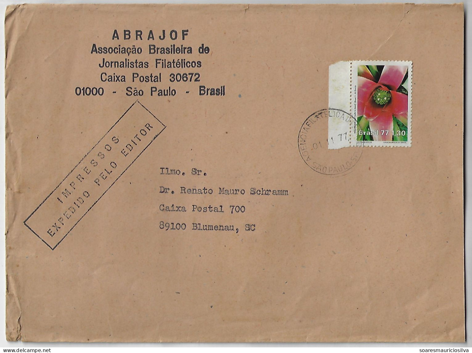 Brazil 1977 Printed Matter Cover From São Paulo To Blumenau Stamp Environmental Protection Flora Plant Bromeliad Flower - Lettres & Documents