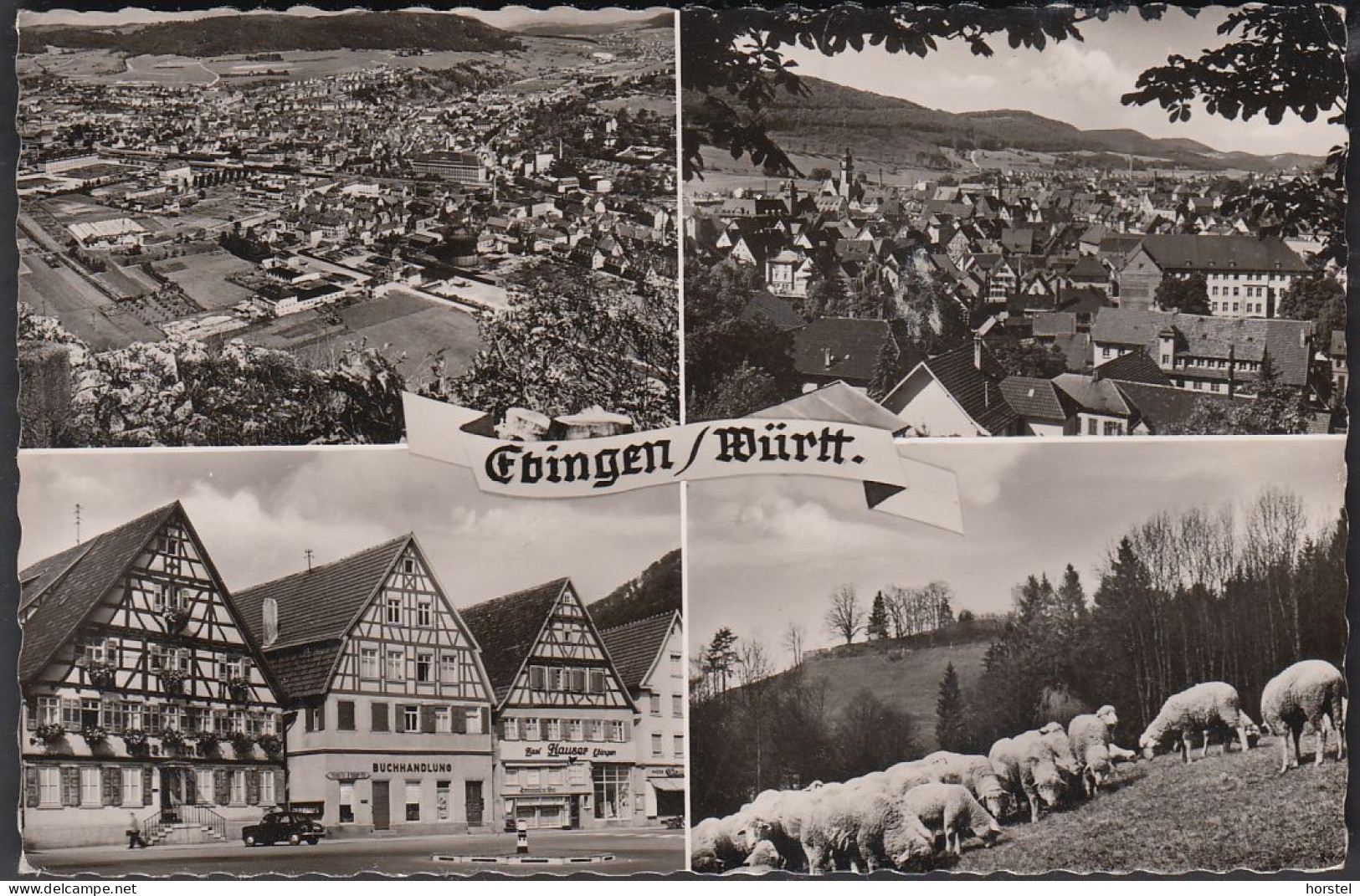 D-72458 Ebingen - Alte Ansichten - Fachwerkhäuser - Oldtimer - Luftbild Mit Fabrik Und Bahnhof  (60er Jahre Stamp) - Balingen