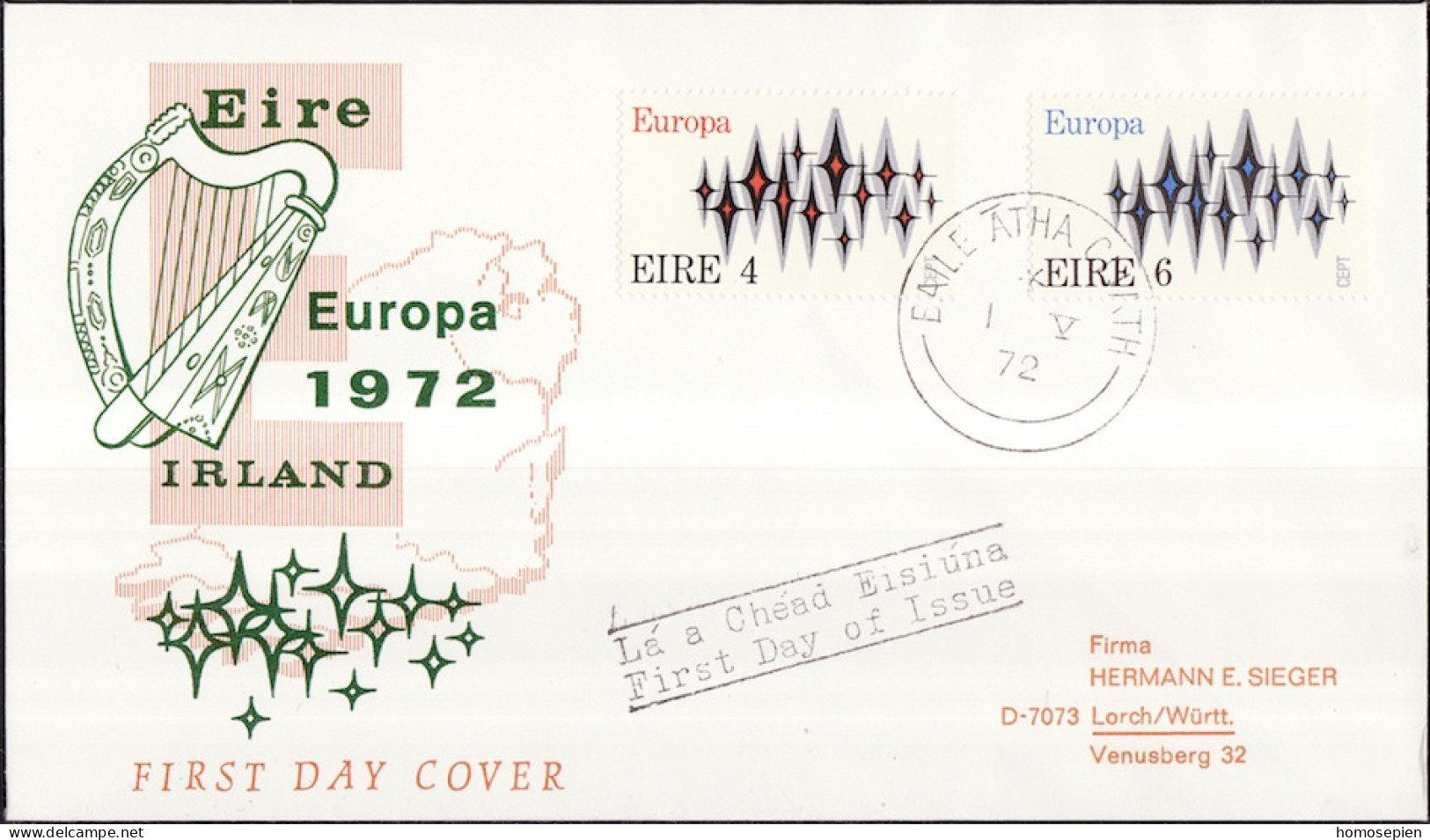 Irlande - Ireland - Irland FDC2 1972 Y&T N°278 à 279 - Michel N°276 à 277 - EUROPA - FDC