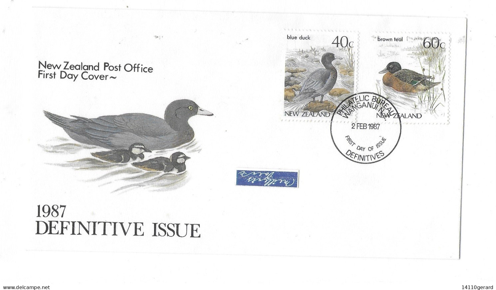 FDC Nouvelle Zélande - Oiseaux Canard Bleu 02-02-1987.. - FDC