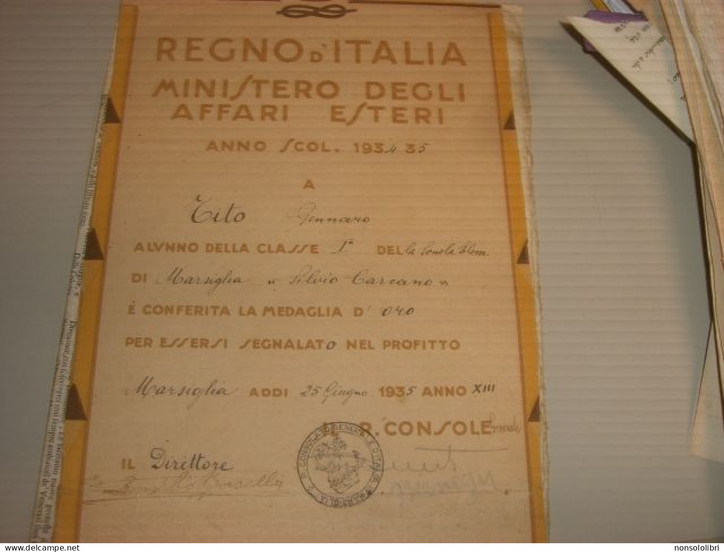 DIPLOMA CONFERIMENTO MEDAGLIA D'ORO REGNO D'ITALIA MINISTERO AFFARI ESTERI 1934-1935 - Diplômes & Bulletins Scolaires