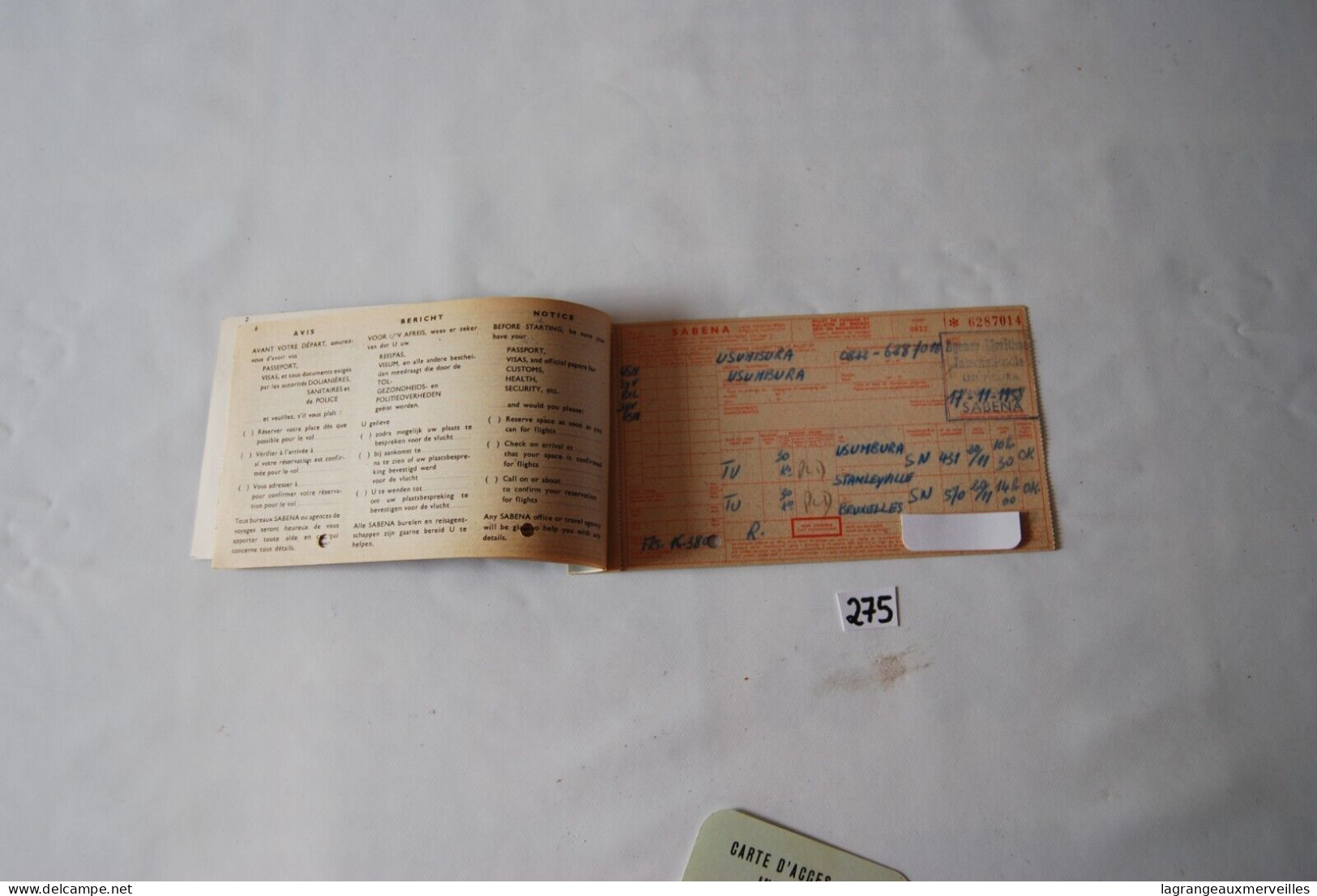 C275 Ancien Billet De Voyage - SABENA BELGIAN AIRLINES - GEVAERT - Usumbura  - Rare Book - Mondo