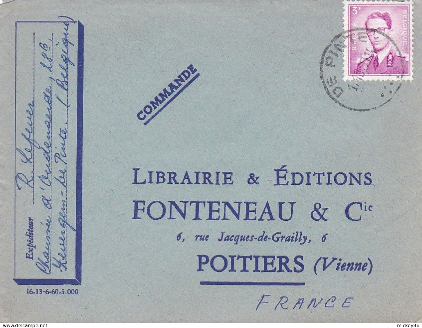 Belgique--1960--Lettre DE PINTE  Pour  POITIERS (France)-- Timbre Seul Sur Lettre ..... Cachet  17-10-1960 - Lettres & Documents