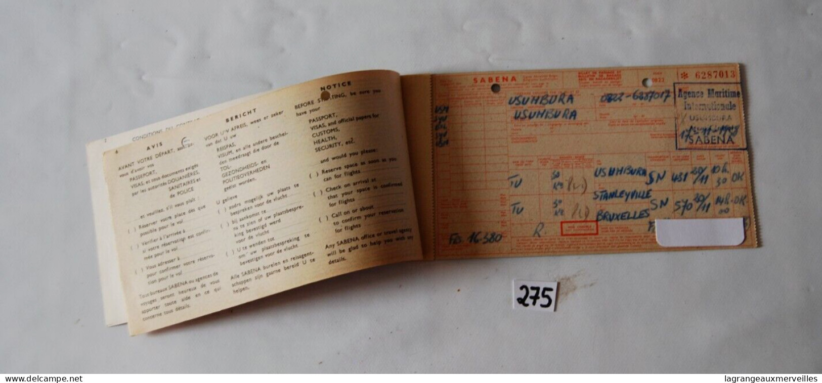 C275 Ancien Billet De Voyage - SABENA BELGIAN AIRLINES - GEVAERT - Usumbura - Mondo