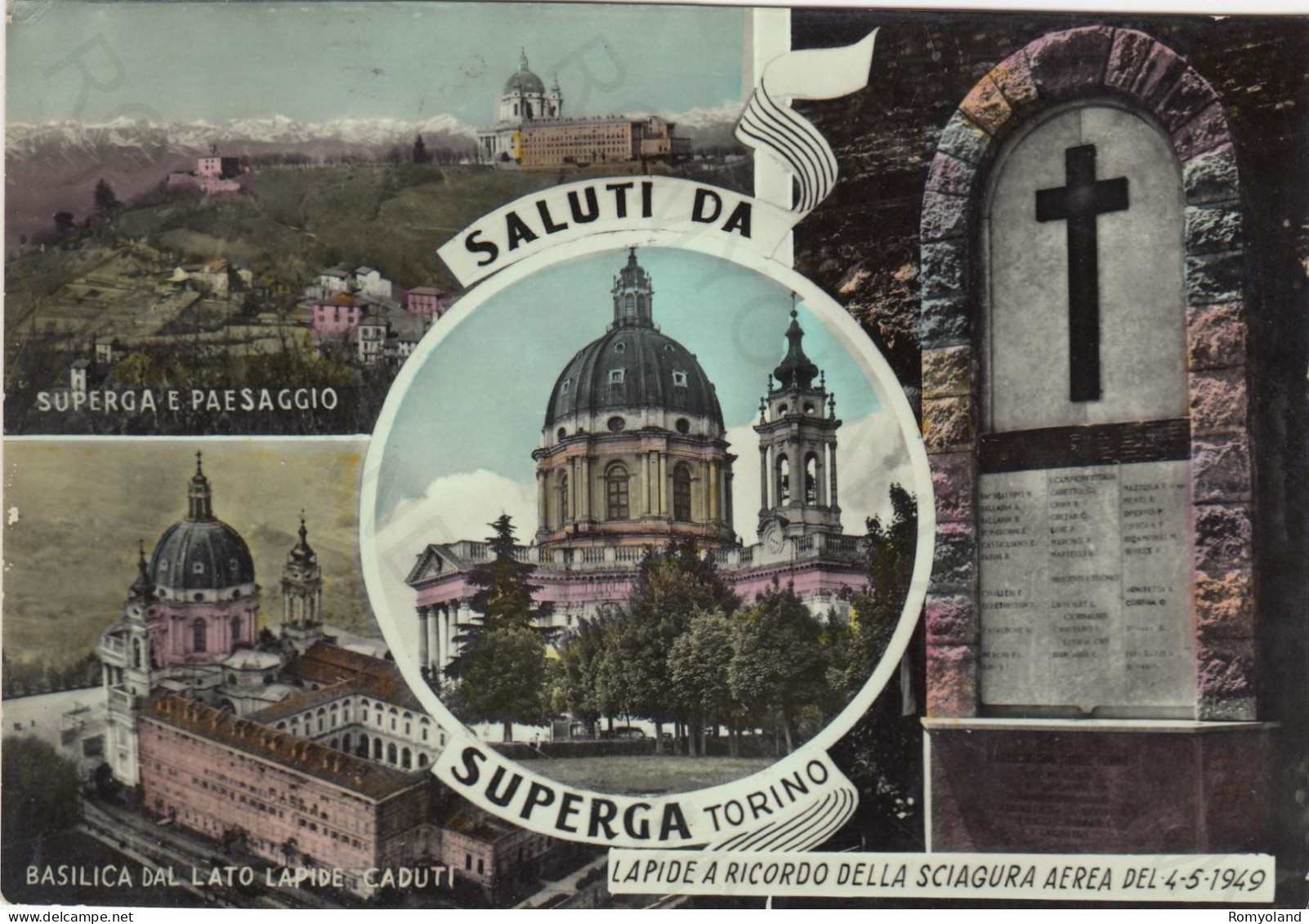 CARTOLINA  TORINO,PIEMONTE-SALUTI DA SUPERGA-SUPERGA E PAESAGGIO-BASILICA DAL LATO LAPIDE CADUTI-LAPIDE-VIAGGIATA 1960 - Churches