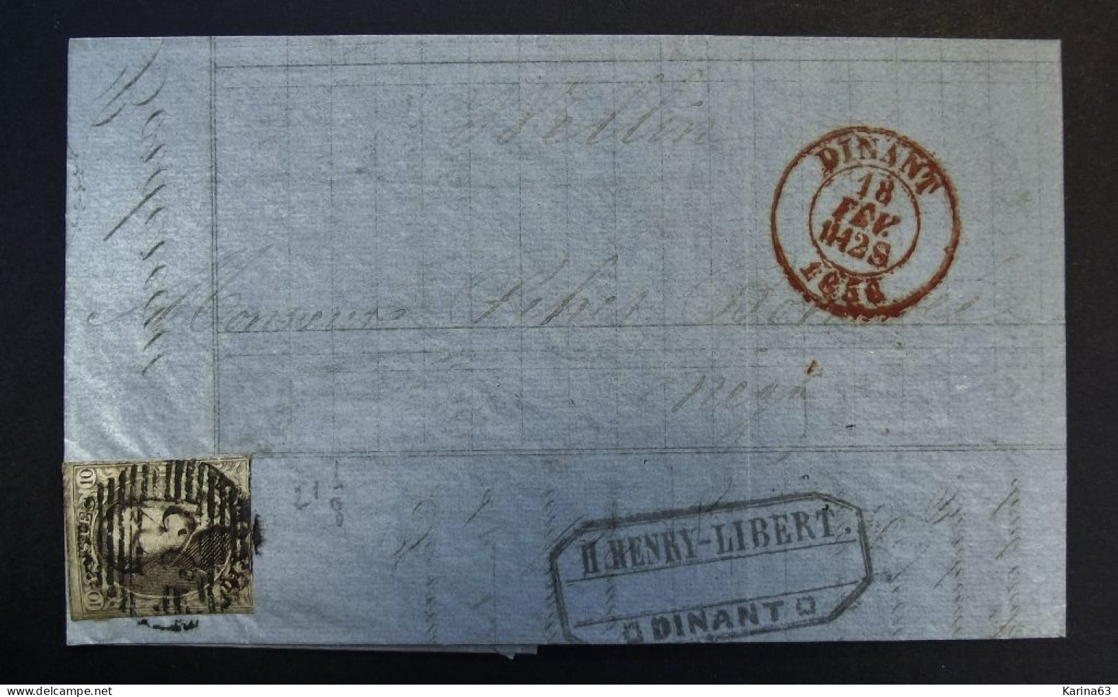 België - Belgique Lettre Banque Recouvrements Henri-Libert - Epaulettes N° 3A - 10c Margé Barres 33 Dinant Wellin - 1856 - 1849-1850 Medallions (3/5)