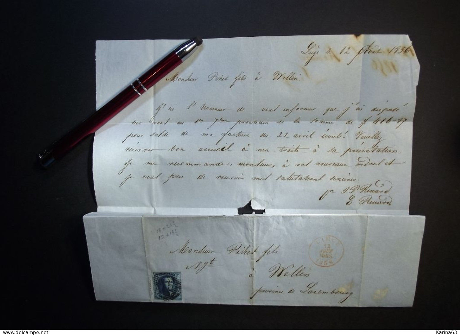 België - Belgique Lettre  -  Epaulettes N° 4 - 20c margé barres 73 Liège - Wellin 1856