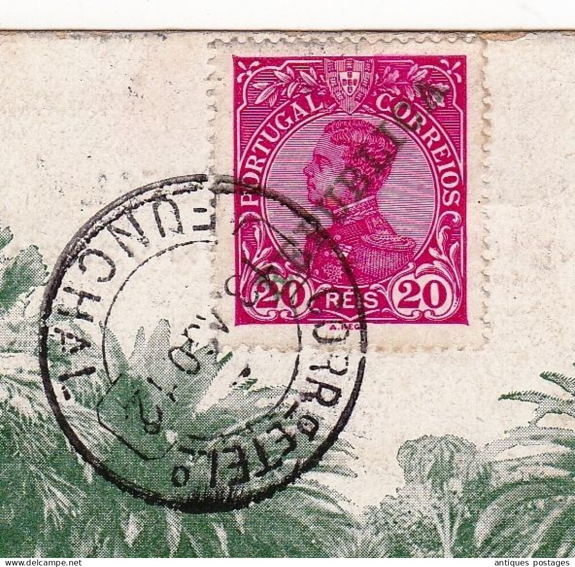 Bilhete Postal 1912 Funchal Portugal Levallois Perret France Jardim Publico - Palmeiras Stamp Rei Manuel II - Funchal