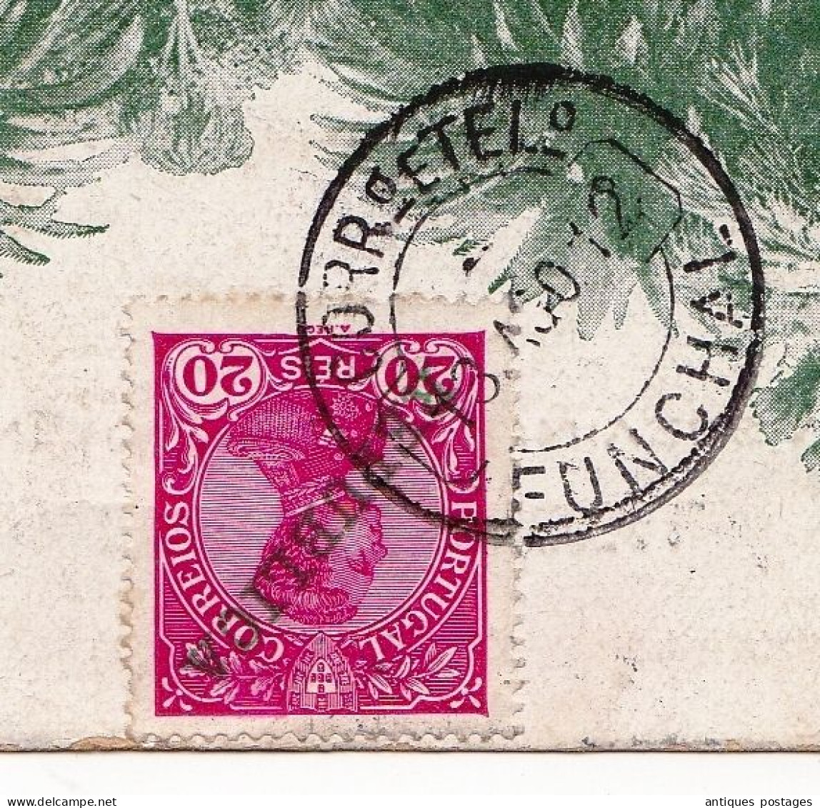 Bilhete Postal 1912 Funchal Portugal Levallois Perret France Jardim Publico - Palmeiras Stamp Rei Manuel II - Funchal