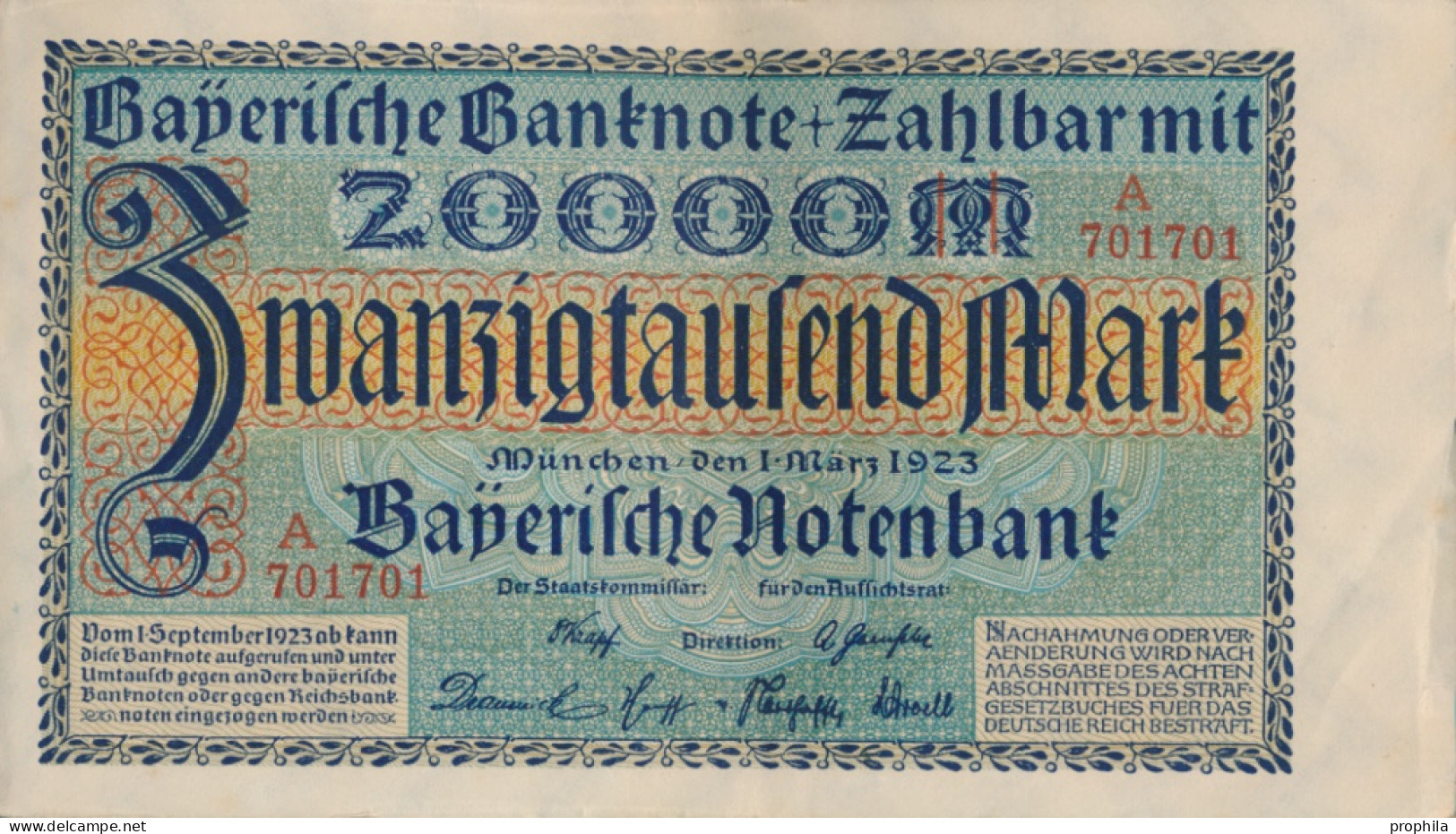 Bayern Rosenbg: BAY7a Länderbanknote Bayern Gebraucht (III) 1923 20.000 Mark (10288494 - 20.000 Mark