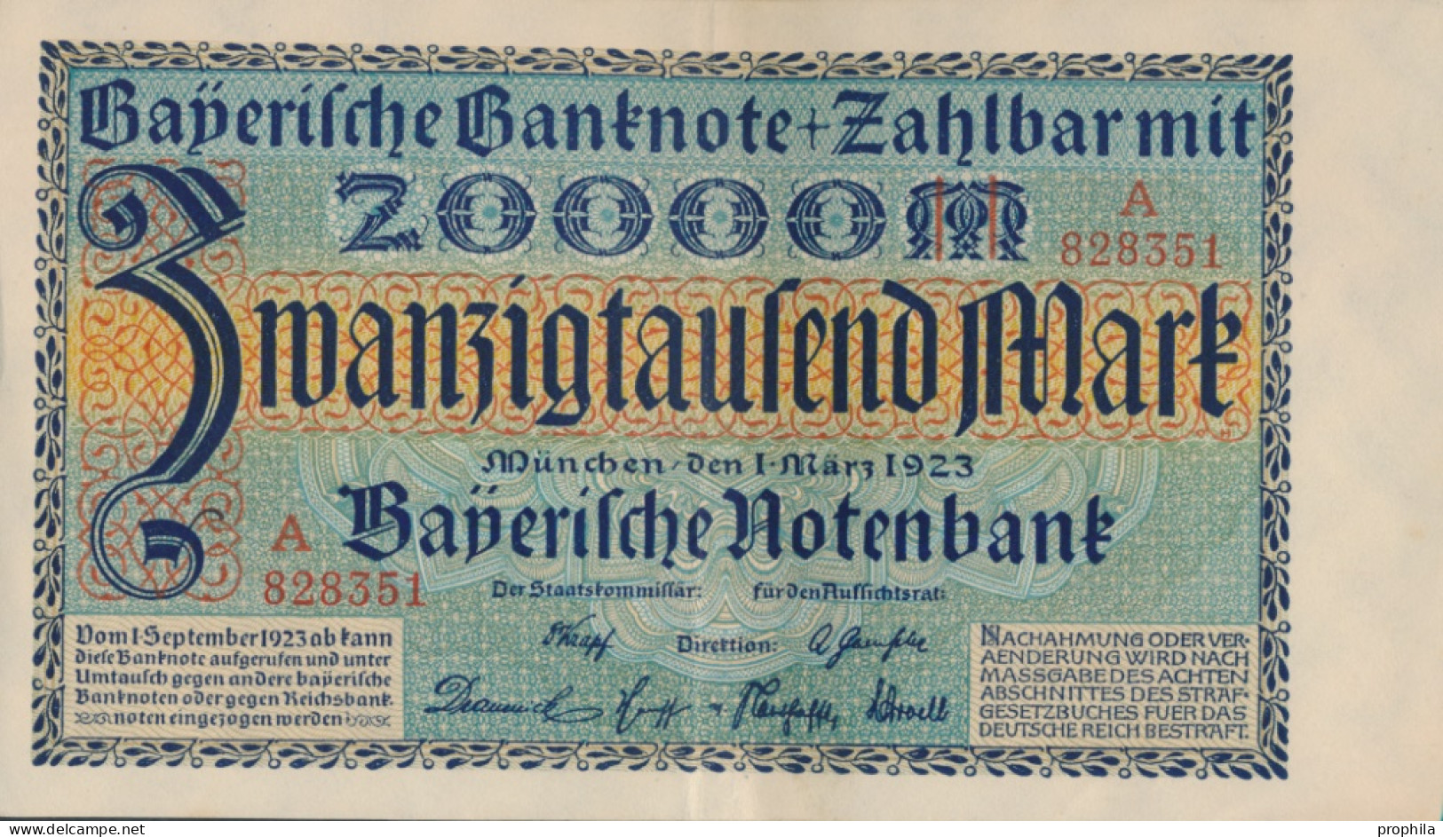 Bayern Rosenbg: BAY7a Länderbanknote Bayern Gebraucht (III) 1923 20.000 Mark (10288495 - 20.000 Mark