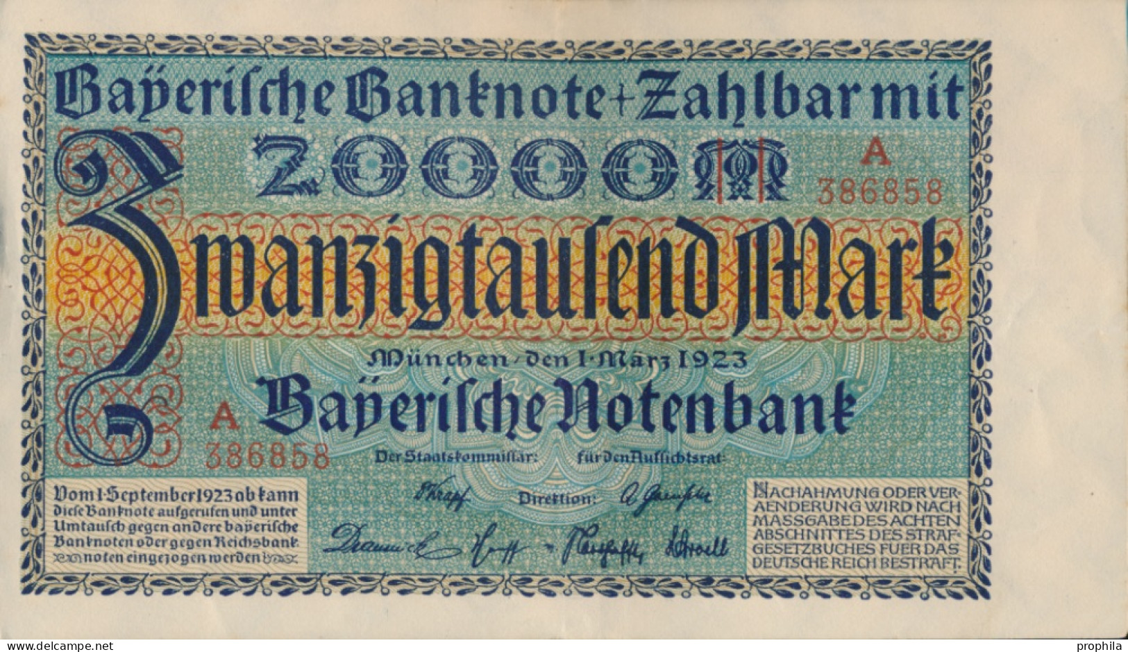 Bayern Rosenbg: BAY7a Länderbanknote Bayern Gebraucht (III) 1923 20.000 Mark (10288496 - 20.000 Mark