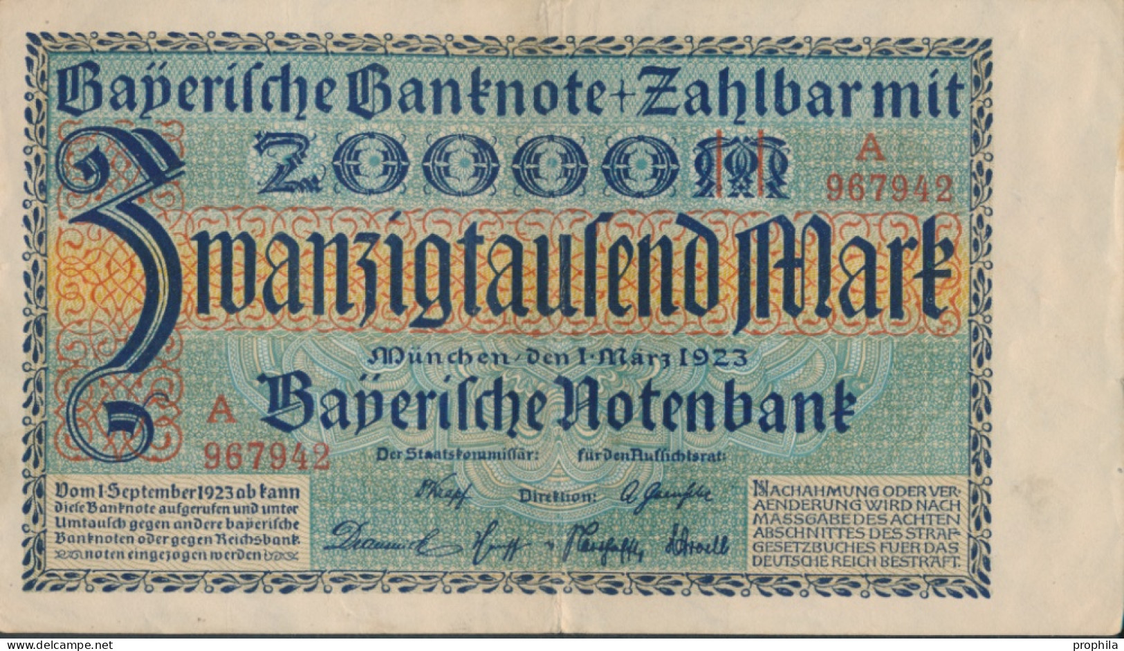 Bayern Rosenbg: BAY7a Länderbanknote Bayern Gebraucht (III) 1923 20.000 Mark (10288498 - 20000 Mark