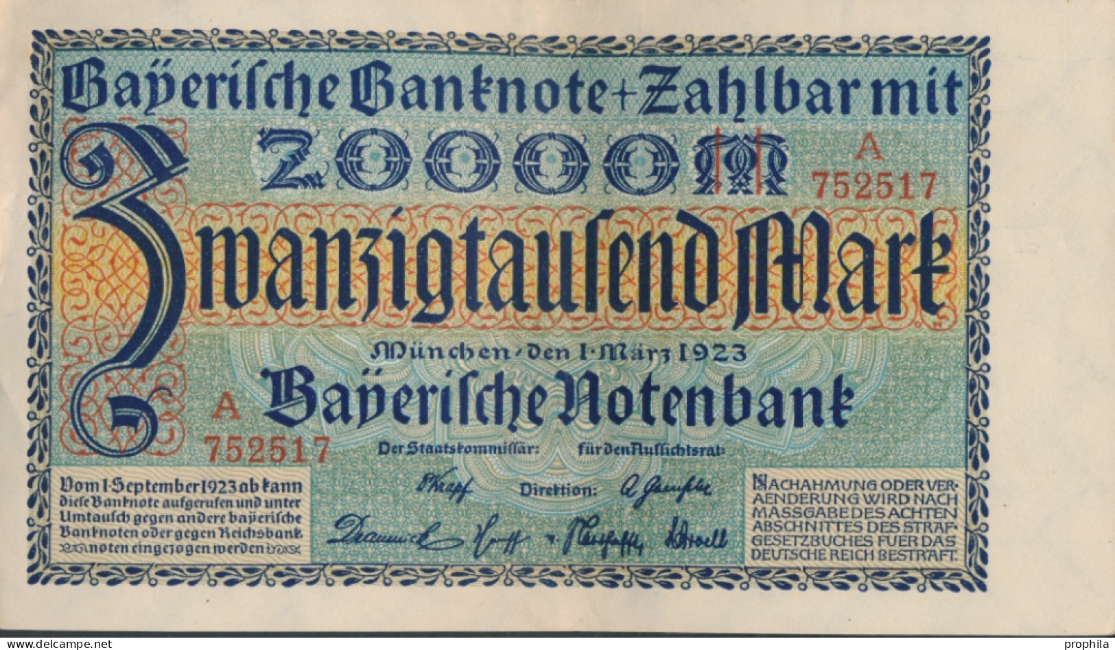 Bayern Rosenbg: BAY7a Länderbanknote Bayern Gebraucht (III) 1923 20.000 Mark (10288499 - 20000 Mark