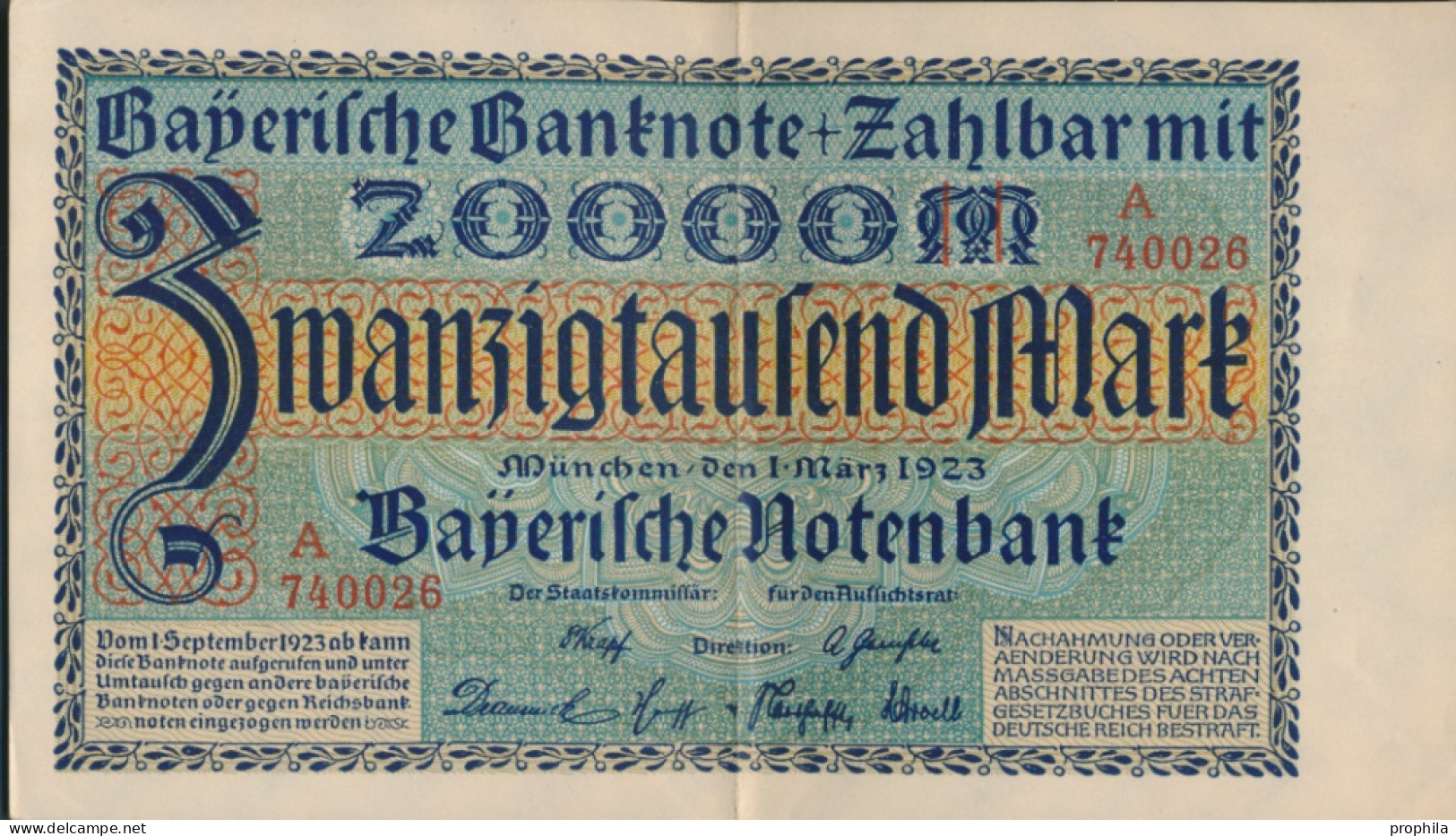 Bayern Rosenbg: BAY7a Länderbanknote Bayern Gebraucht (III) 1923 20.000 Mark (10288500 - 20000 Mark