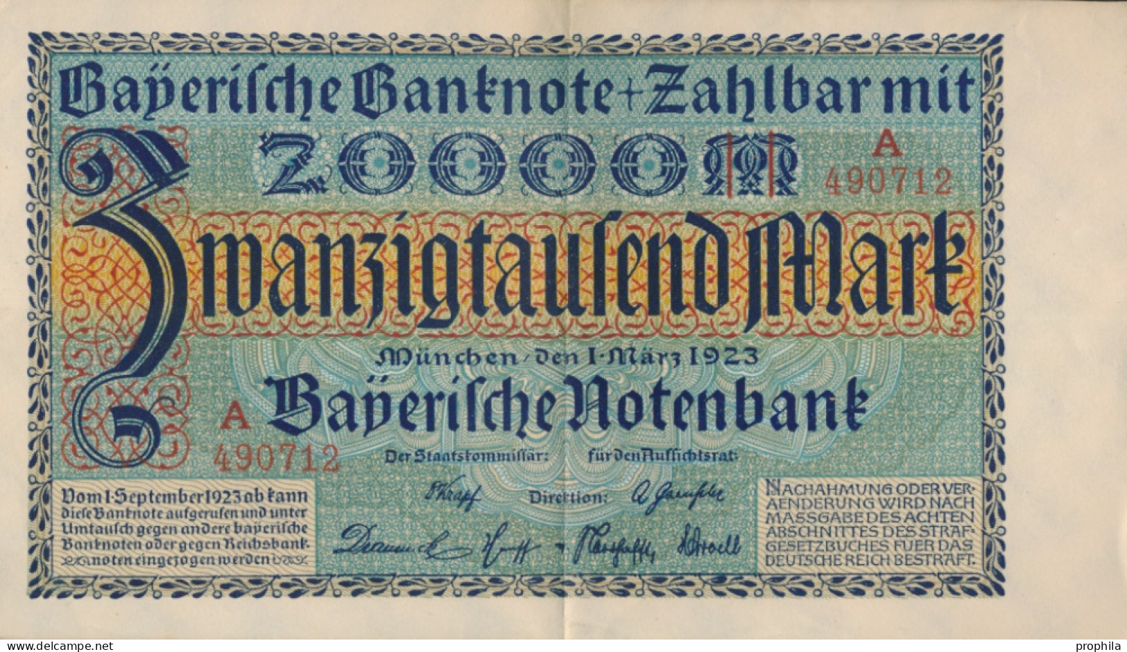 Bayern Rosenbg: BAY7a Länderbanknote Bayern Gebraucht (III) 1923 20.000 Mark (10288501 - 20000 Mark