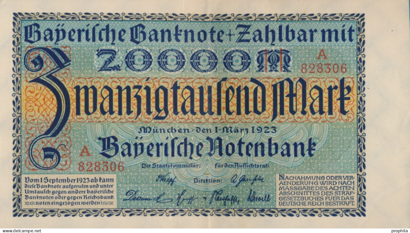 Bayern Rosenbg: BAY7a Länderbanknote Bayern Gebraucht (III) 1923 20.000 Mark (10288502 - 20000 Mark