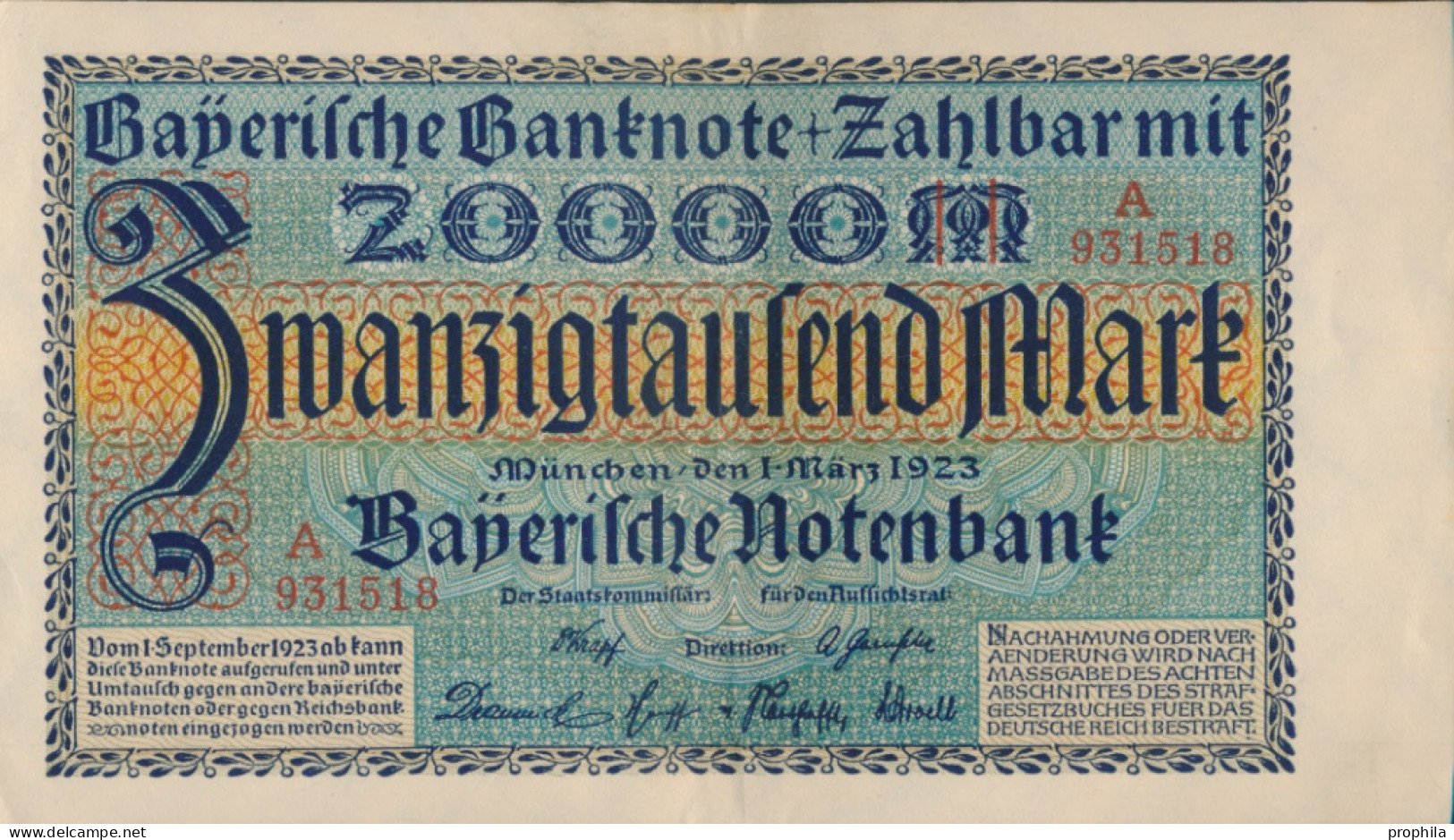 Bayern Rosenbg: BAY7a Länderbanknote Bayern Gebraucht (III) 1923 20.000 Mark (10288503 - 20000 Mark