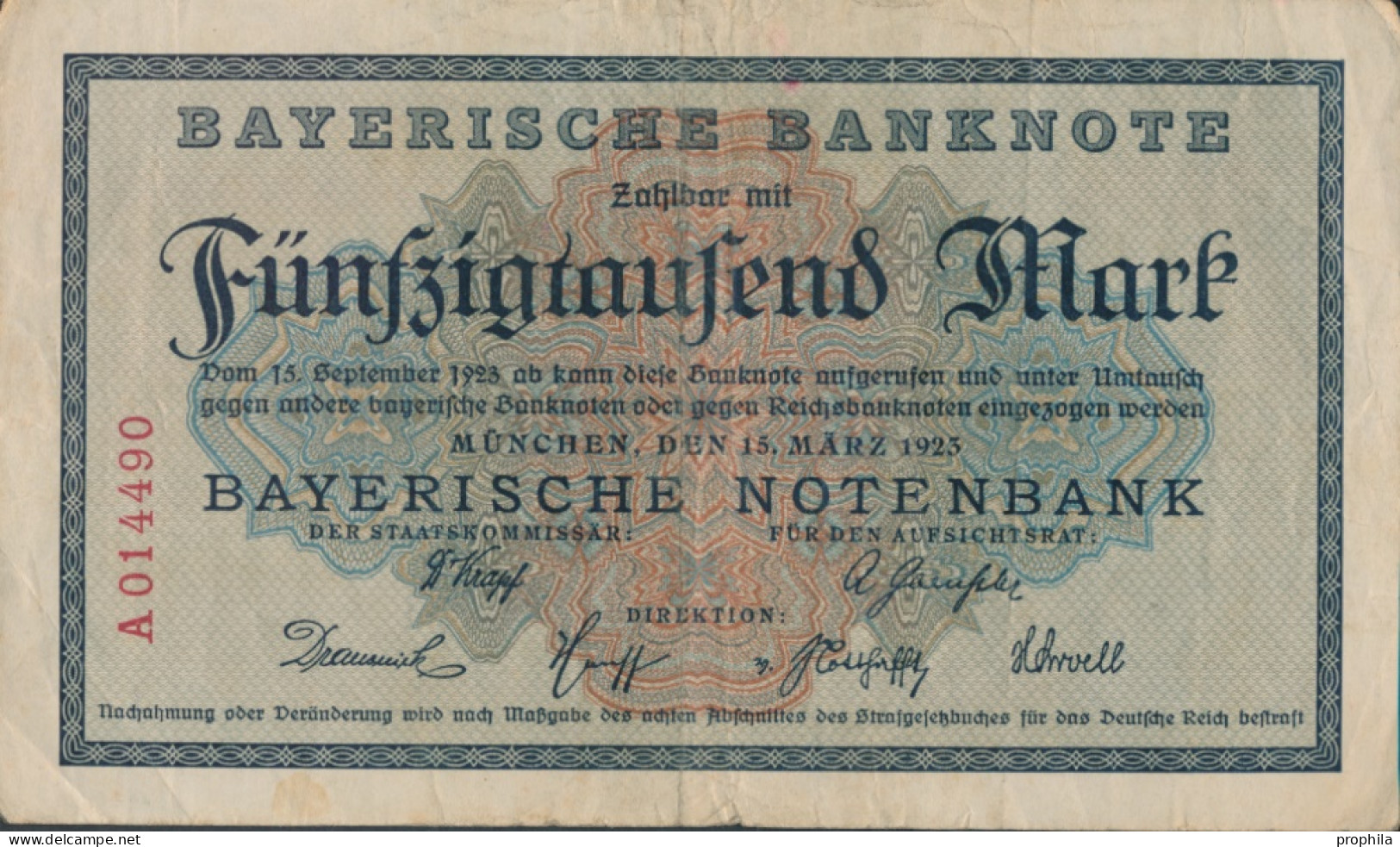 Bayern Rosenbg: BAY8 Länderbanknote Bayern Gebraucht (III) 1923 50.000 Mark (10288490 - 50000 Mark